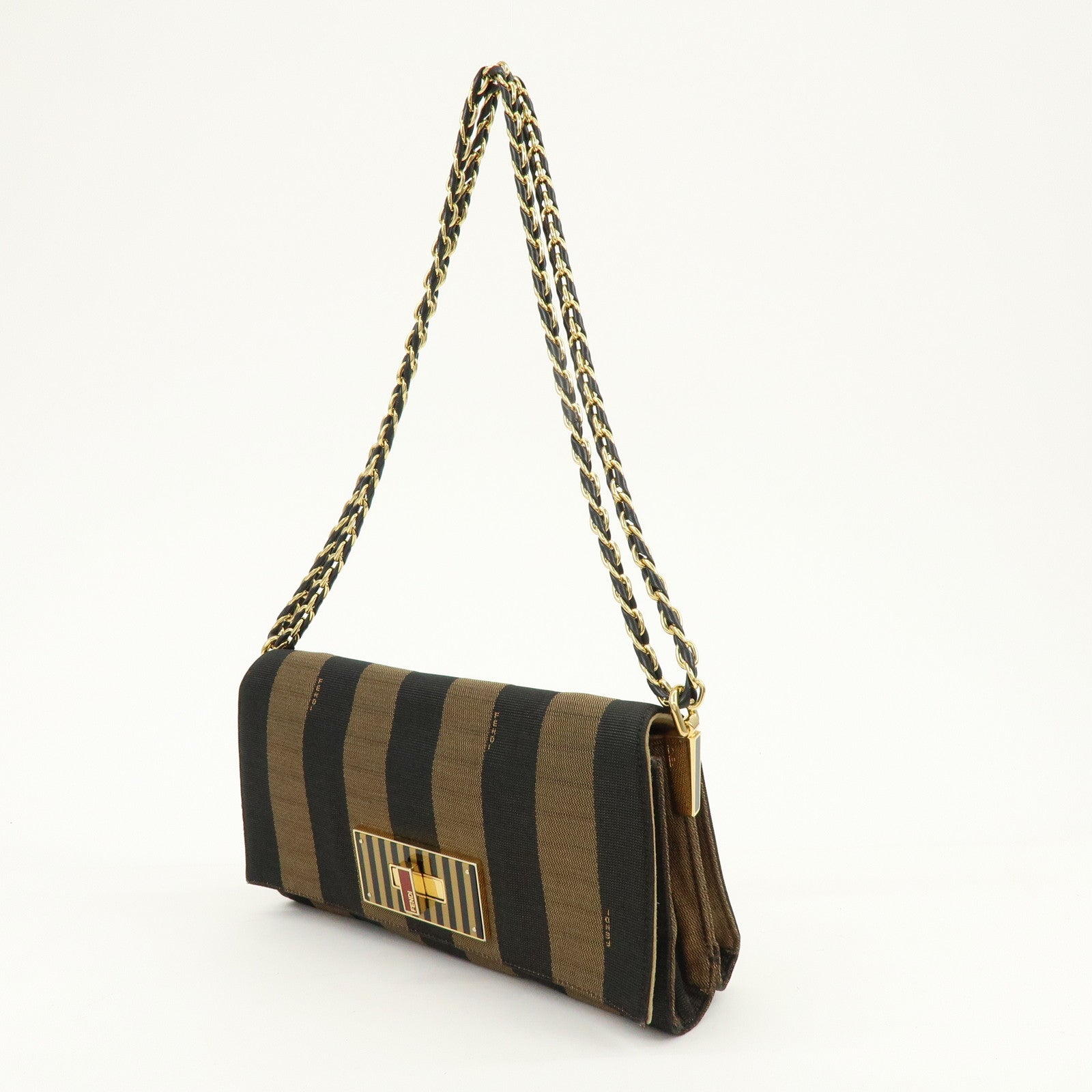 FENDI Pequin Canvas Leather Shoulder Bag Brown Black 8BT204