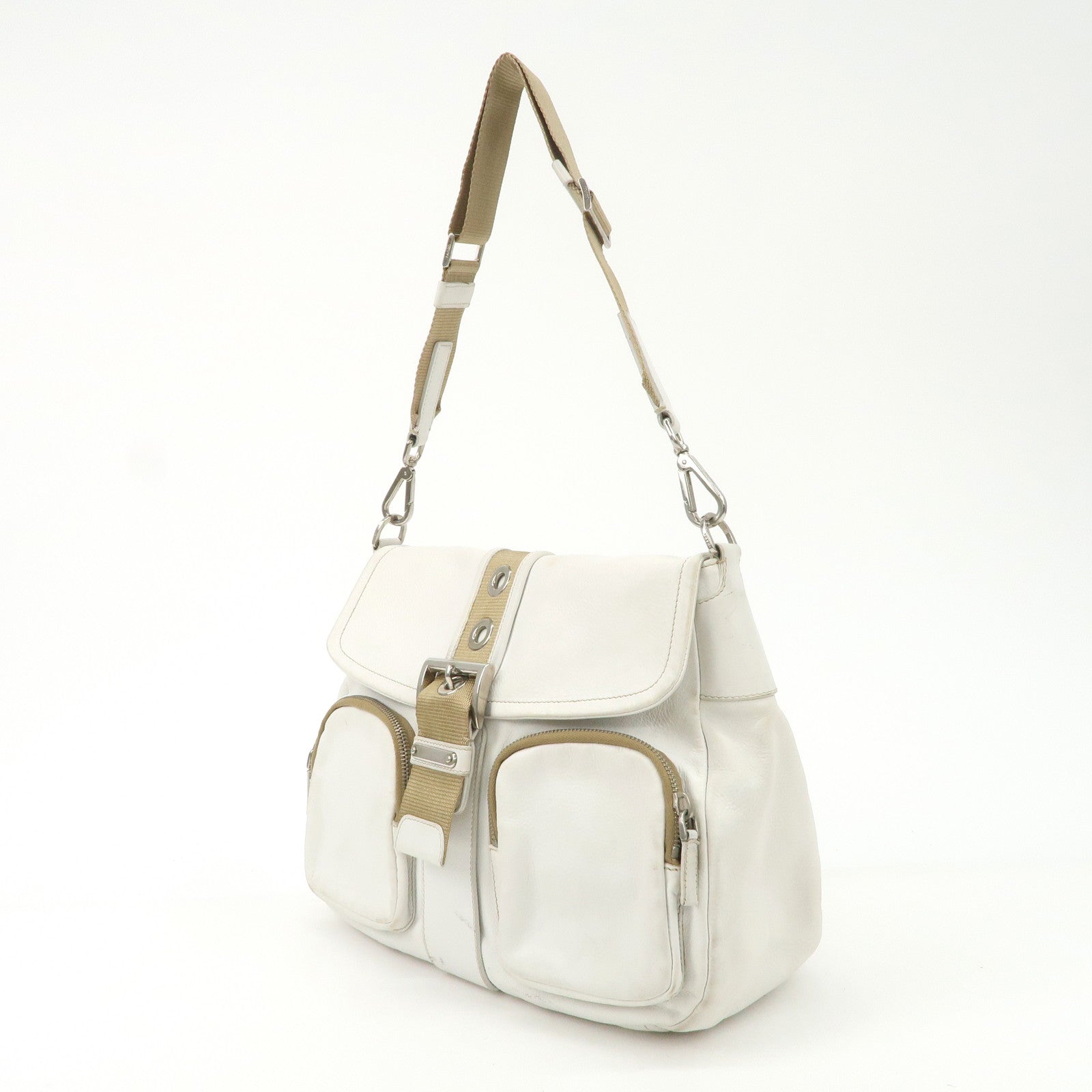 PRADA Triangle Logo Leather Nylon Shoulder Bag White Beige