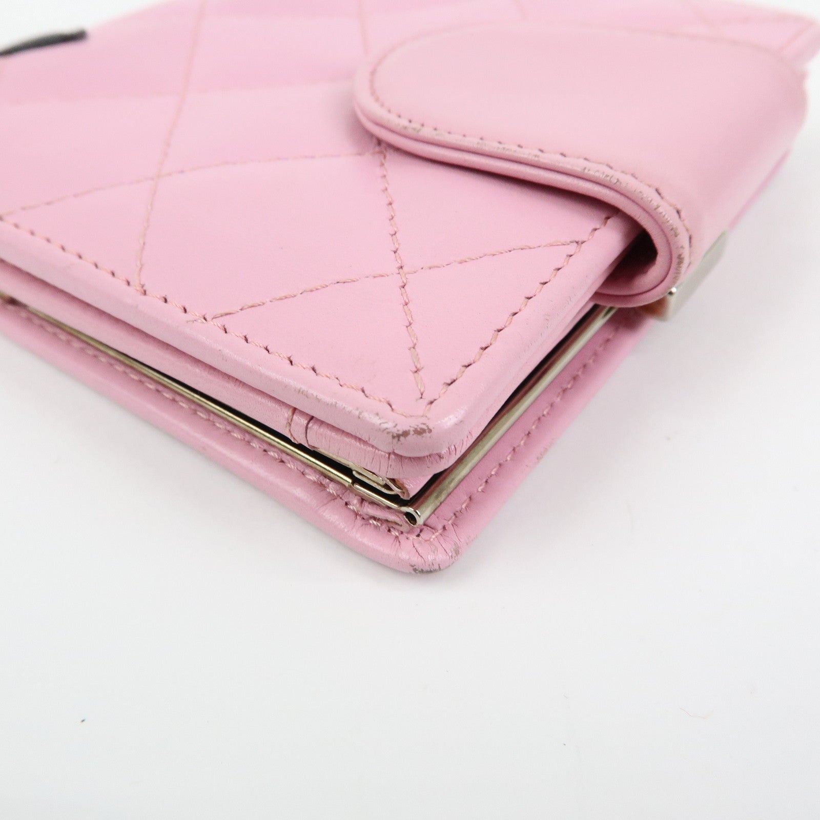 CHANEL Cambon Line Matelasse Lamb Skin Bi-fold Compact Wallet Pink