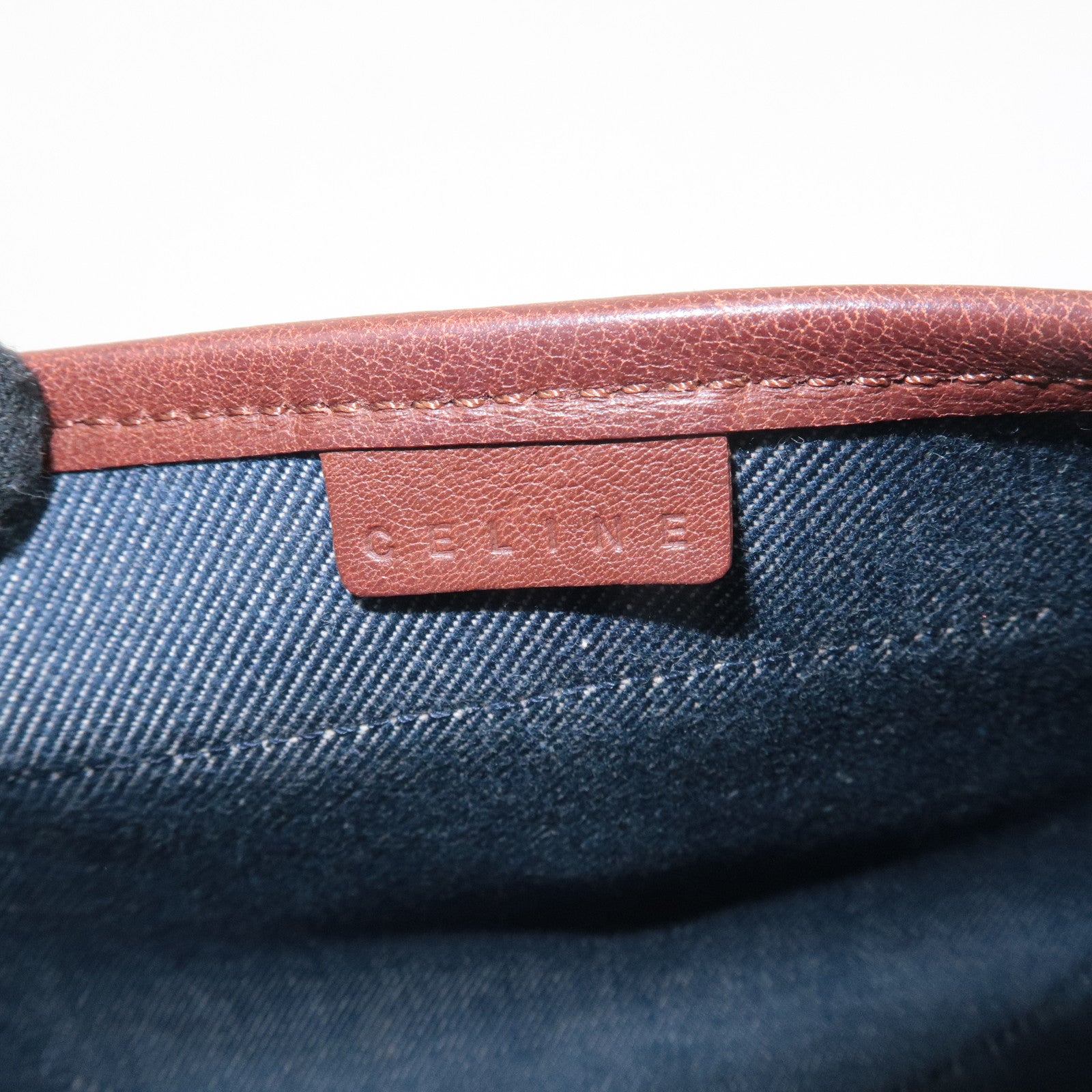 CELINE Macadam Denim Canvas Leather Shoulder Bag Blue Brown Used