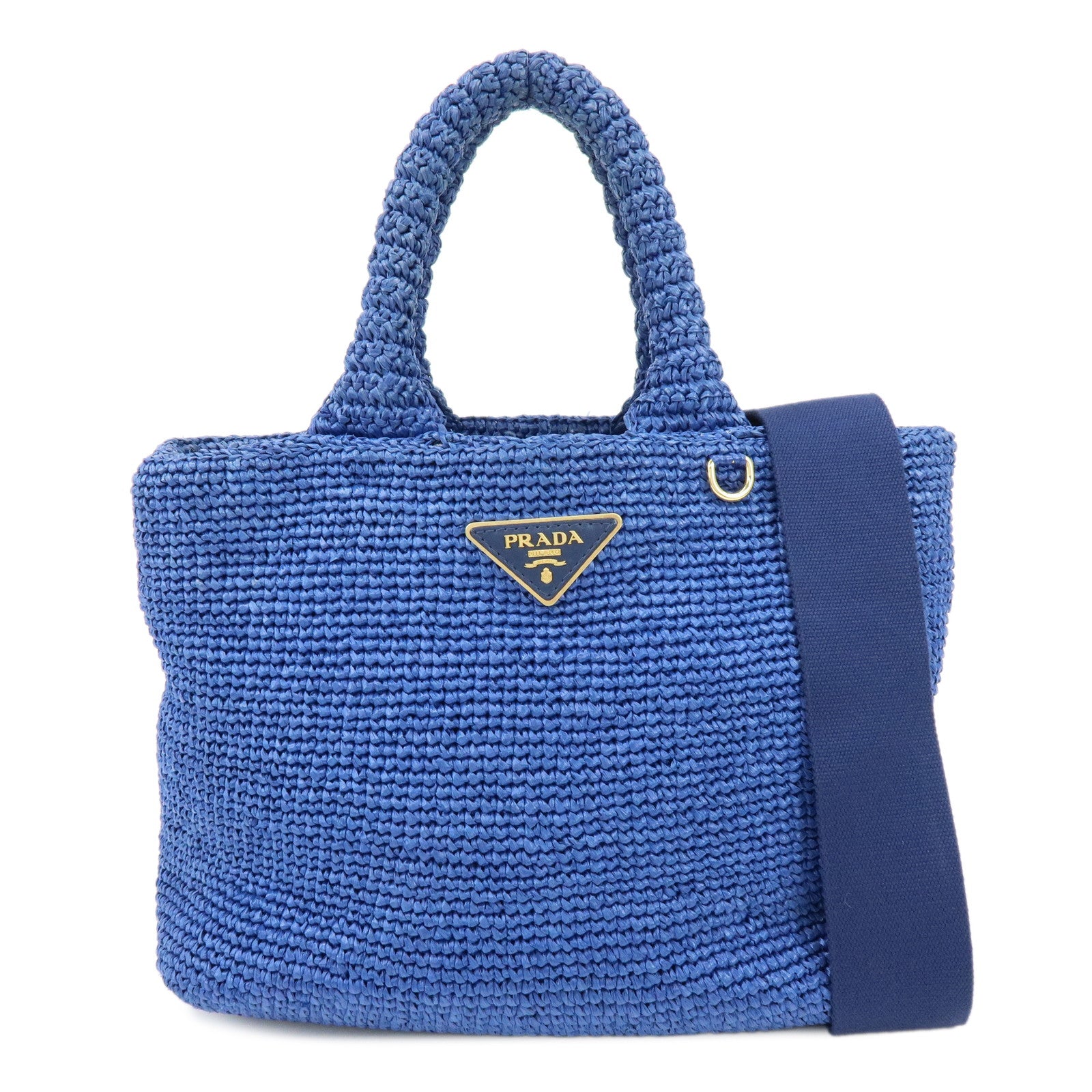 PRADA Triangle Logo Raffia 2Way Hand Bag Shoulder Bag Blue 1BG175