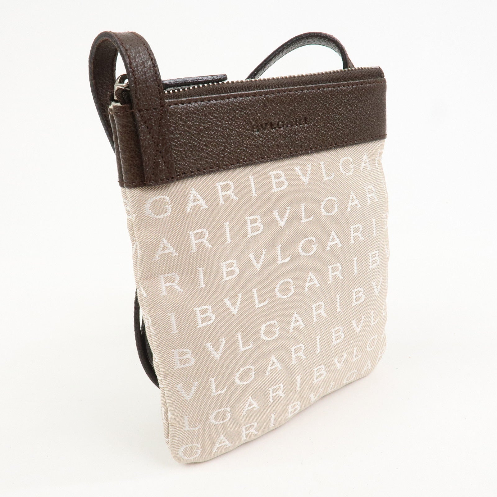 BVLGARI Logo Mania Canvas Leather Shoulder Bag Beige Brown 22588