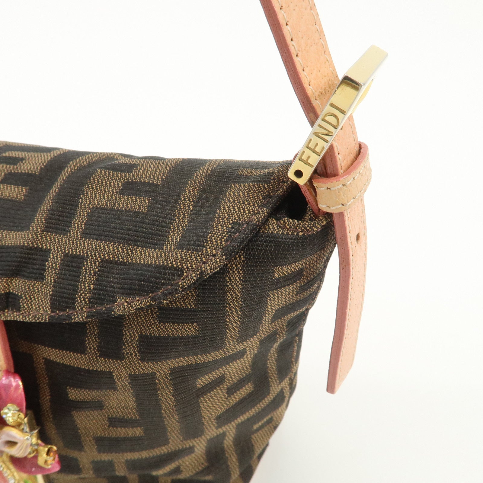 FENDI Zucca Canvas Leather Shoulder Bag Black Pink Flower Motif