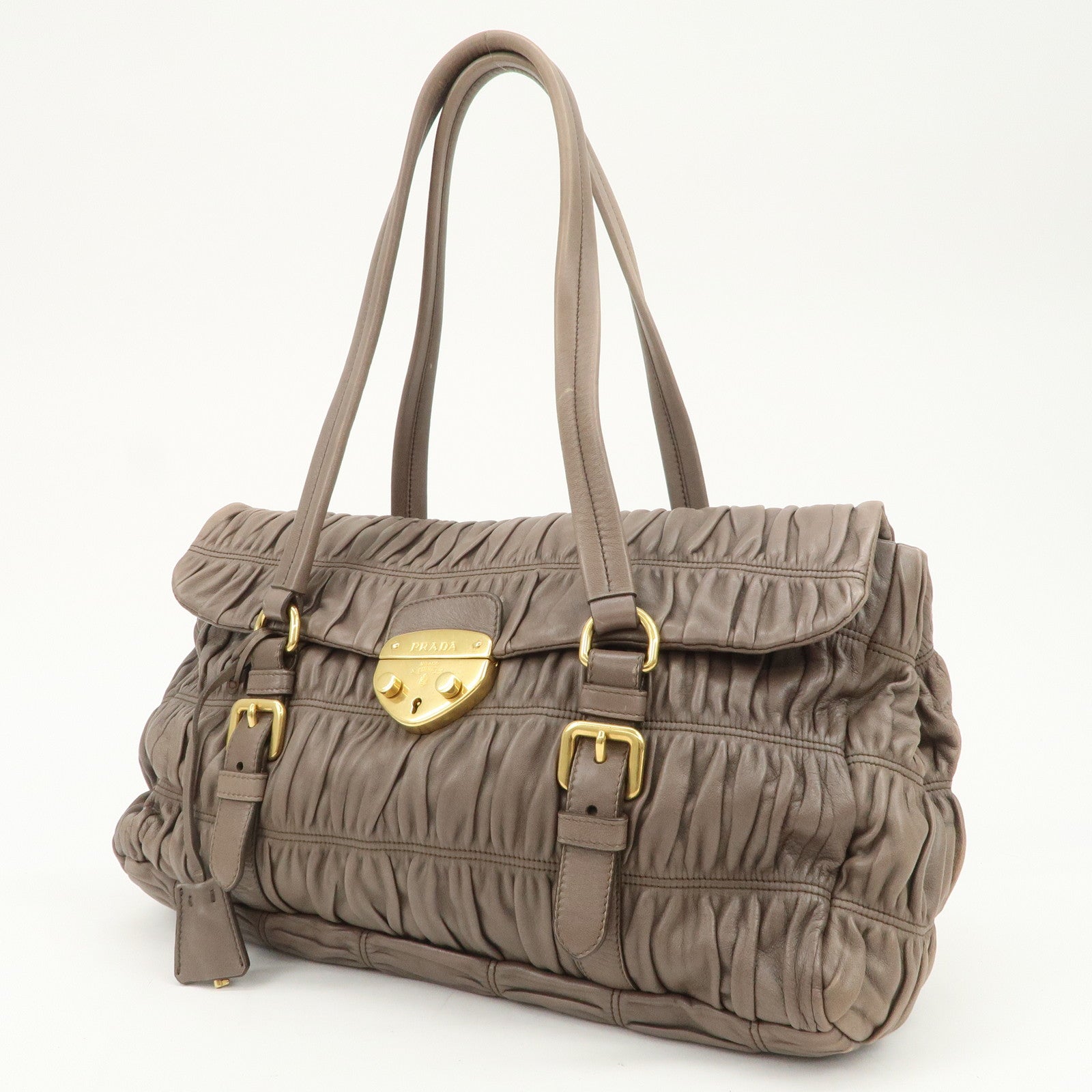 PRADA Logo Nappa Gaufre Leather Shoulder Bag Greige BR4443