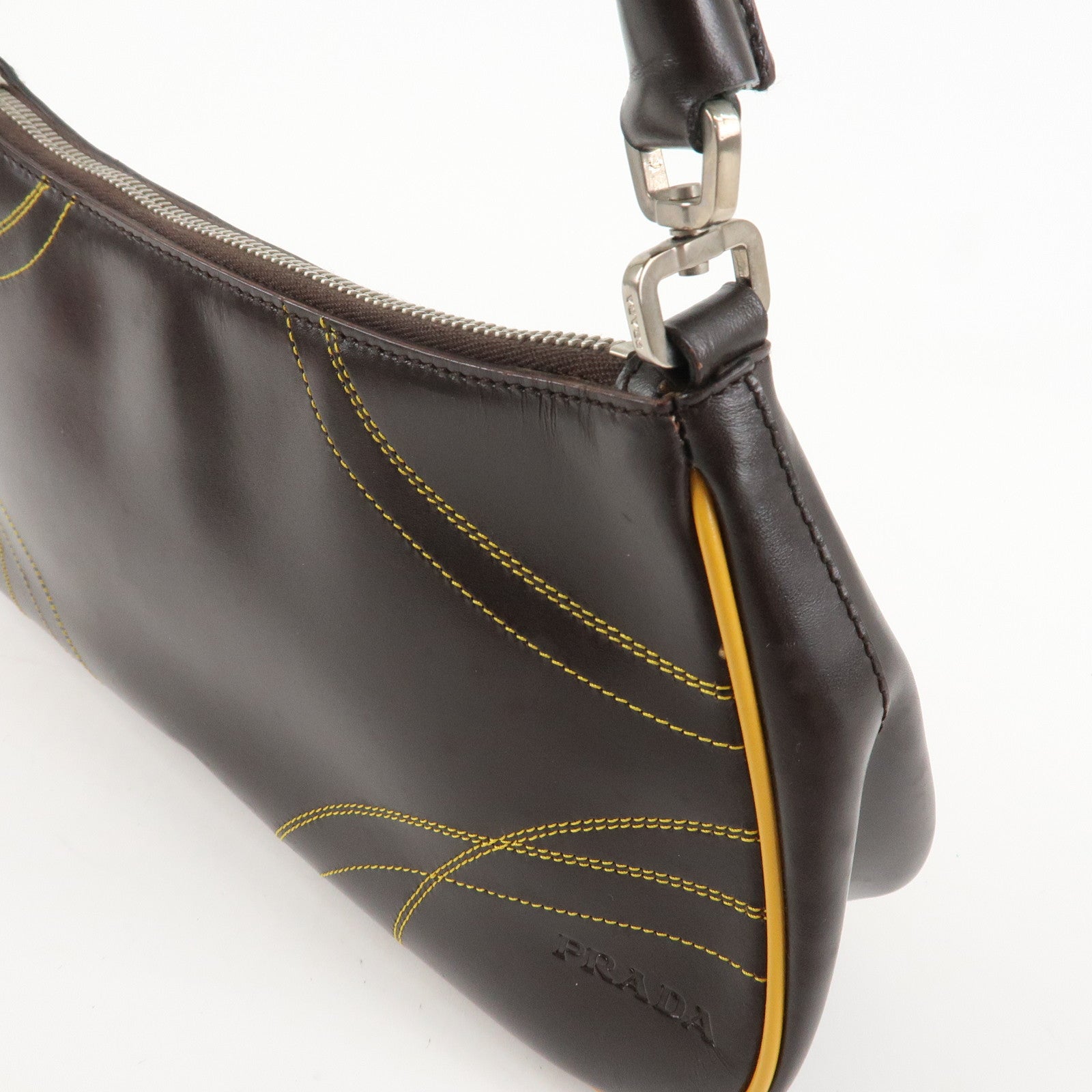 PRADA Logo Leather Shoulder Bag Hand Bag Brown Yellow B11055 Used