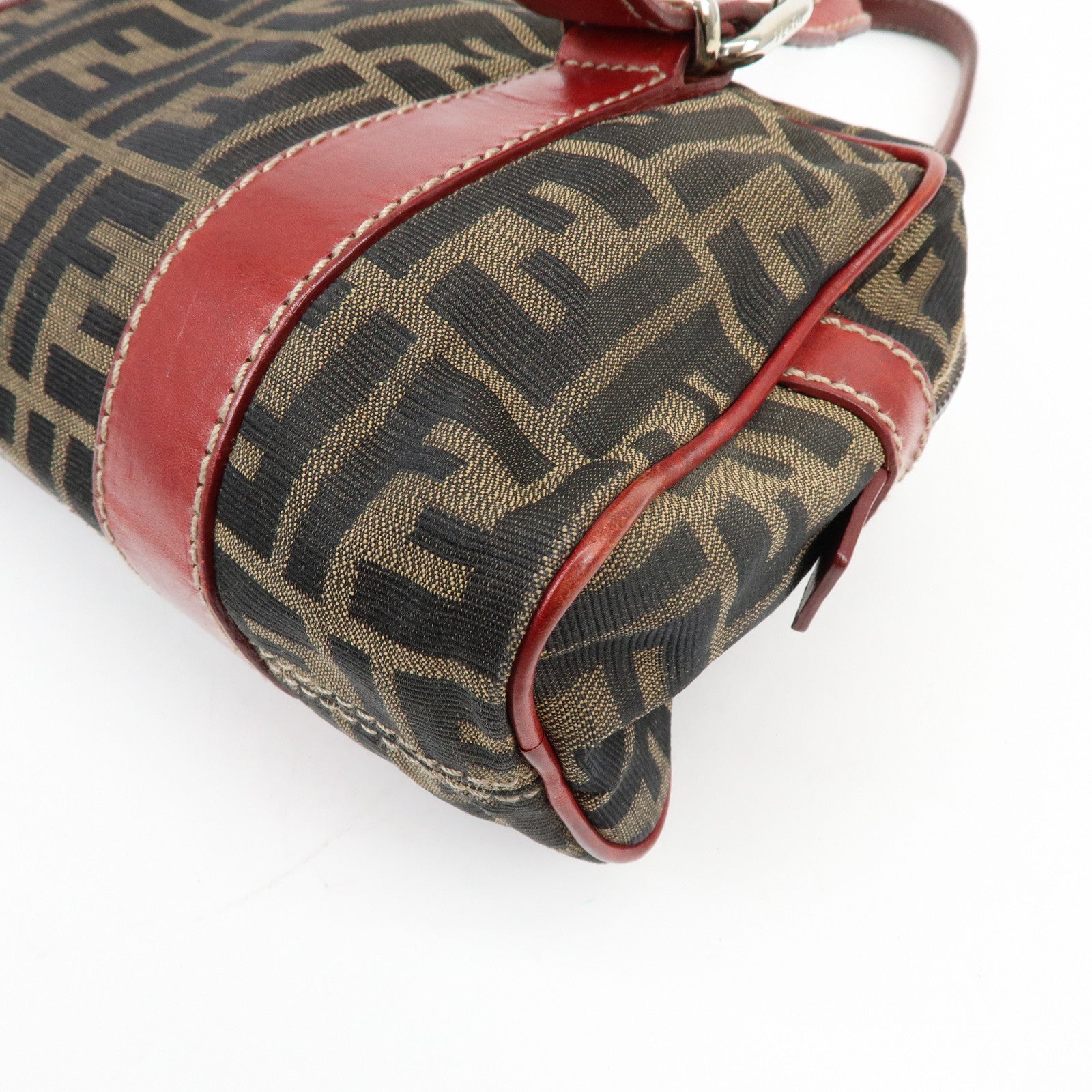FENDI Zucca Canvas Leather Mini Boston Hand Bag Brown Red 8BR119