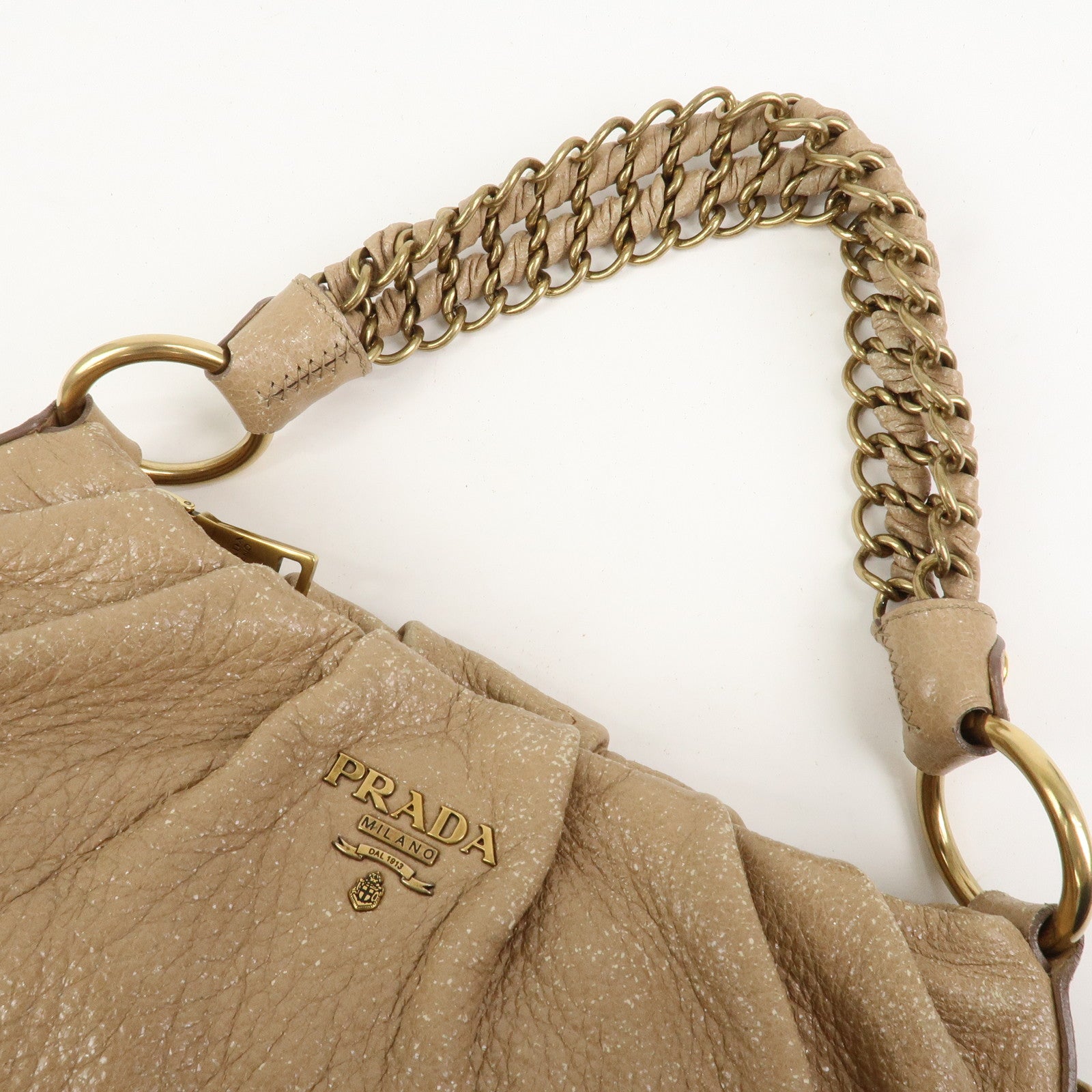 PRADA Logo Leather Chain Shoulder Bag Hand Bag Beige