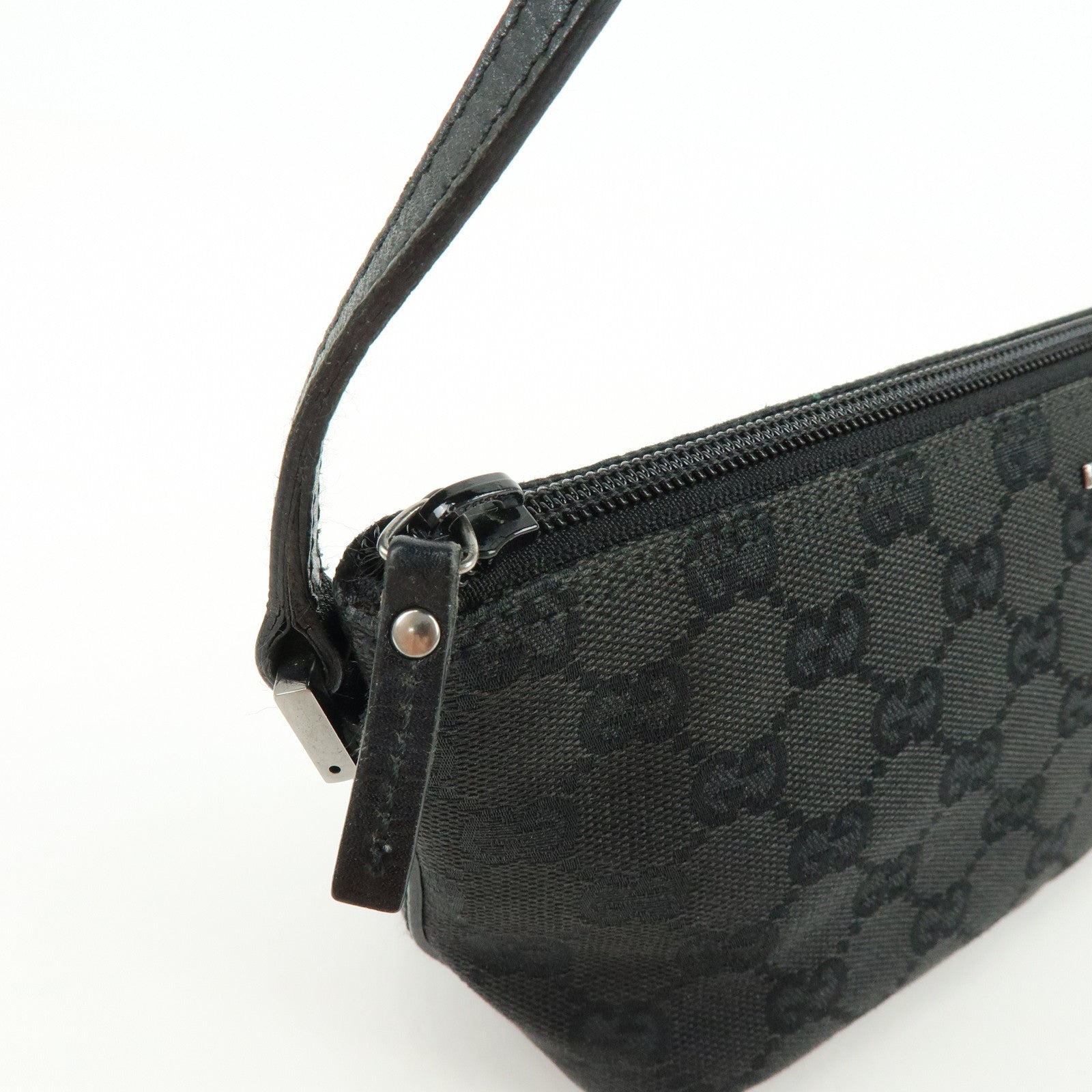 GUCCI Boat Bag GG Canvas Leather Hand Bag Pouch Black 07198