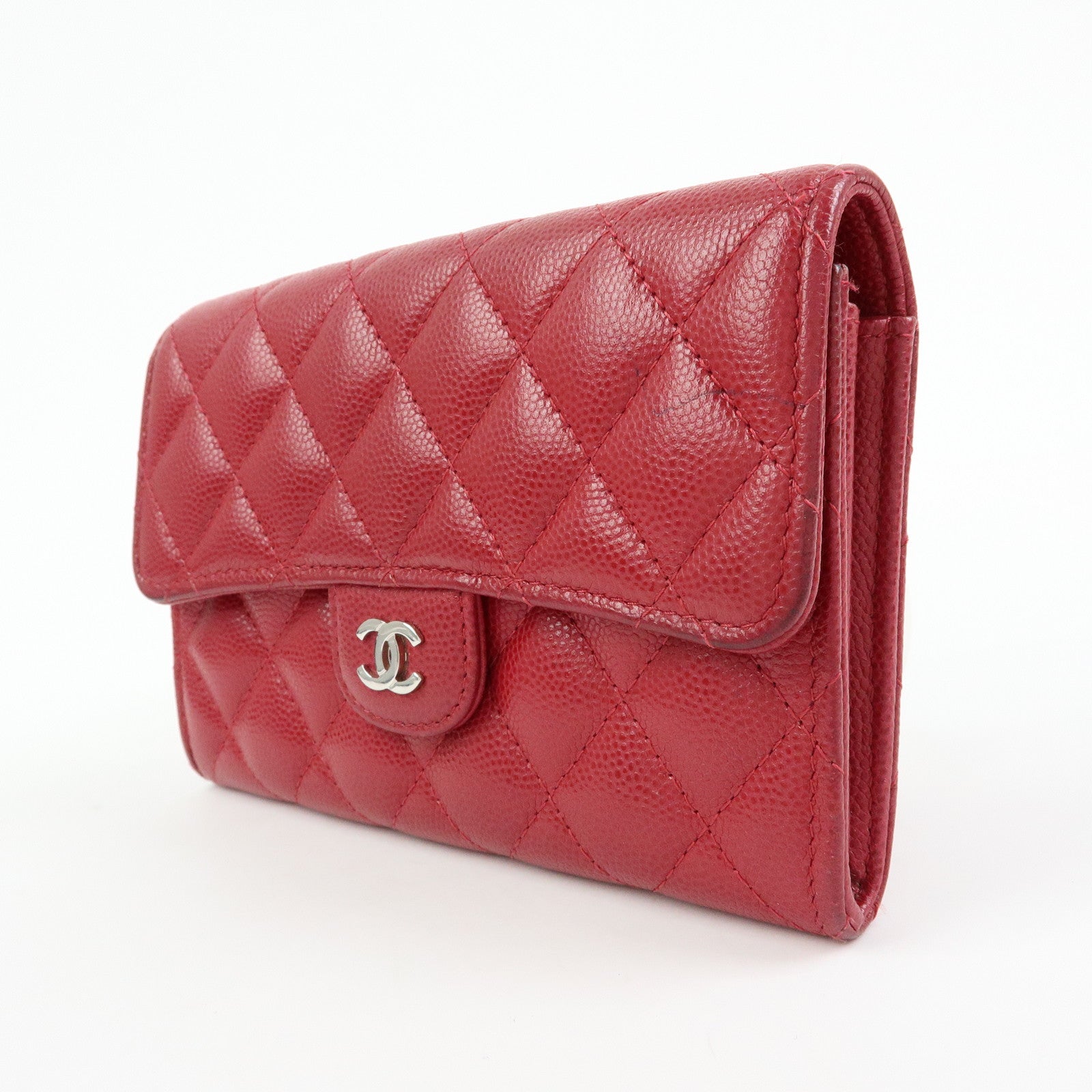 CHANEL COCO Mark Matelasse Caviarskin Flap Long Wallet Red