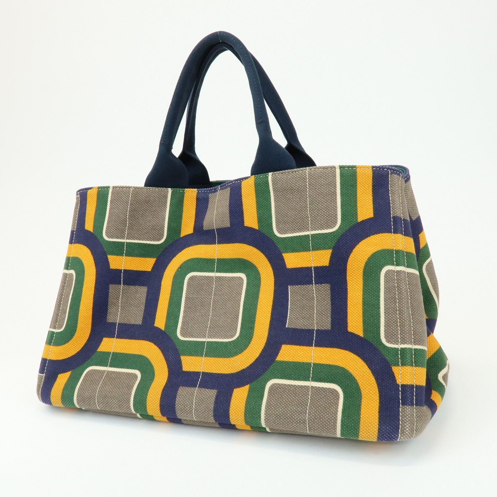 PRADA Canapa Large Tote Bag Hand Bag Green Yellow Navy BN1872