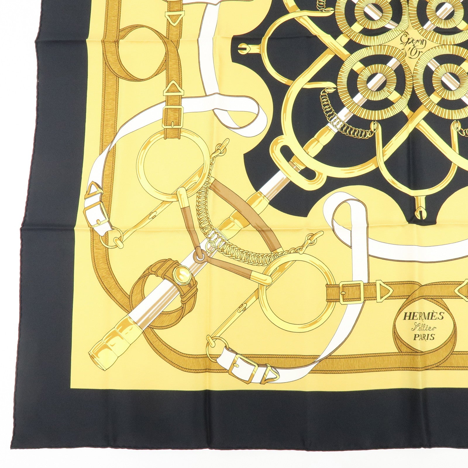 HERMES Carre 90 Set of 2 Silk 100% Scarf Black Gold Bordeaux