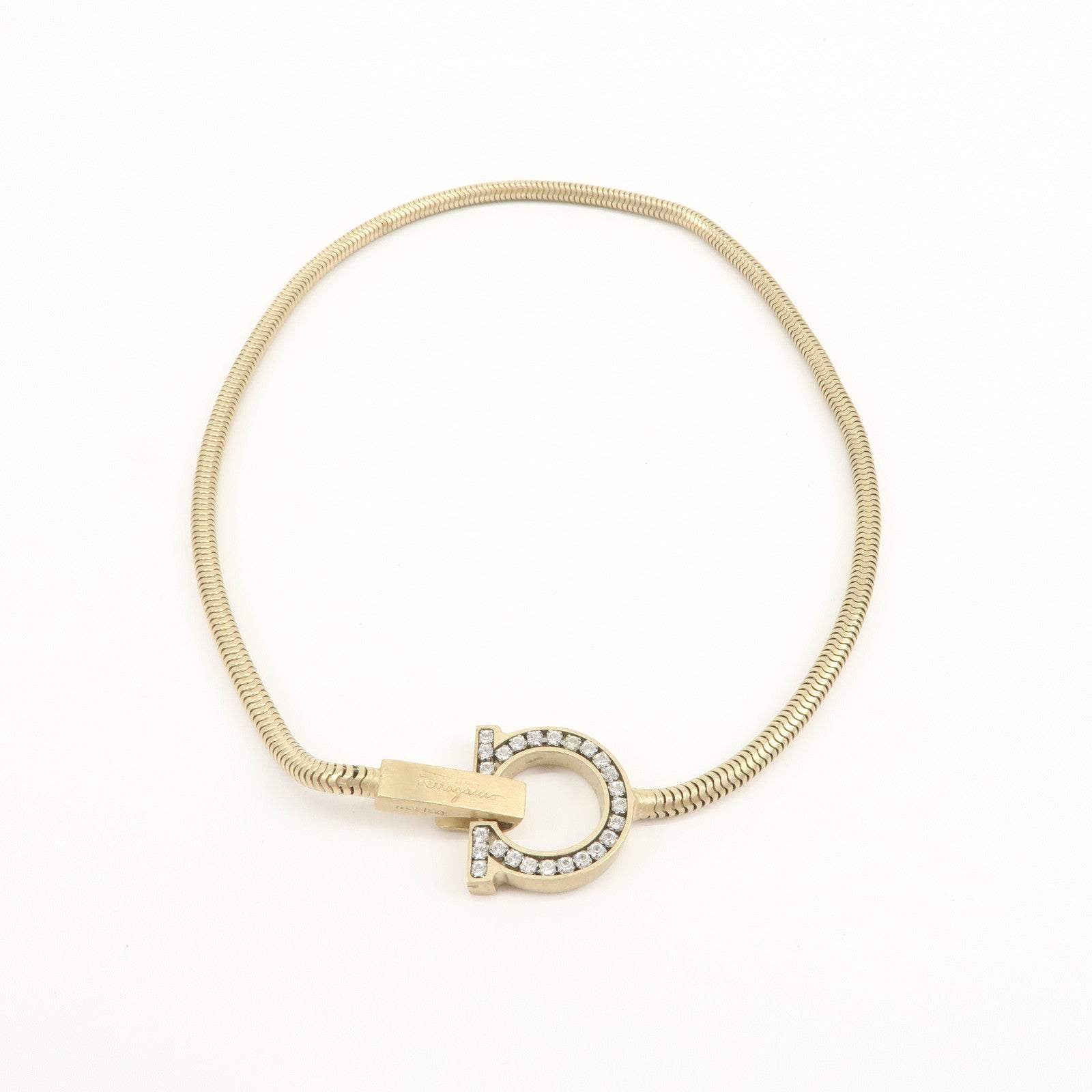Ferragamo Gancini Logo Metal Rhinestone Necklace Choker Gold