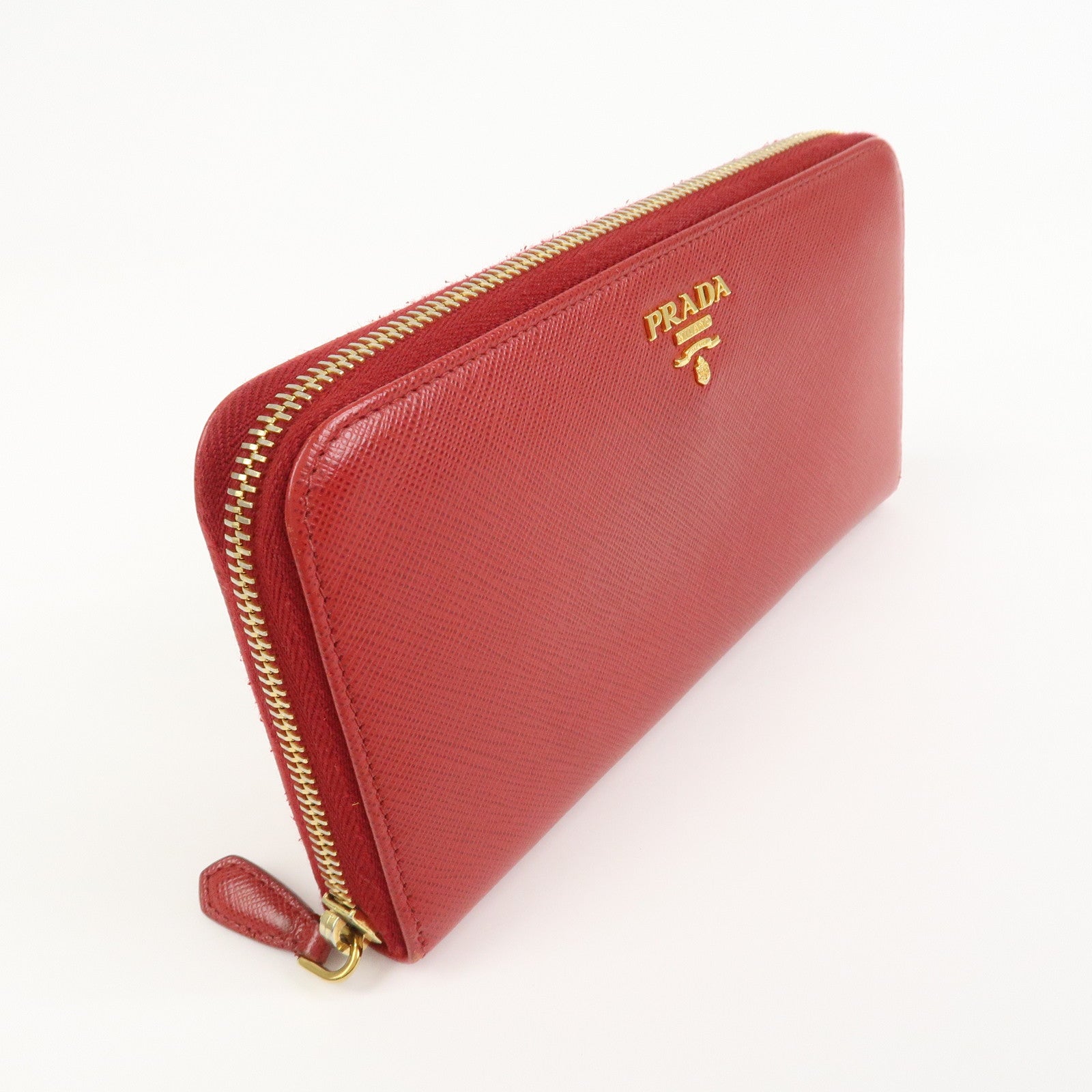 PRADA Logo Saffiano Leather Round Zippy Long Wallet Red 1ML506
