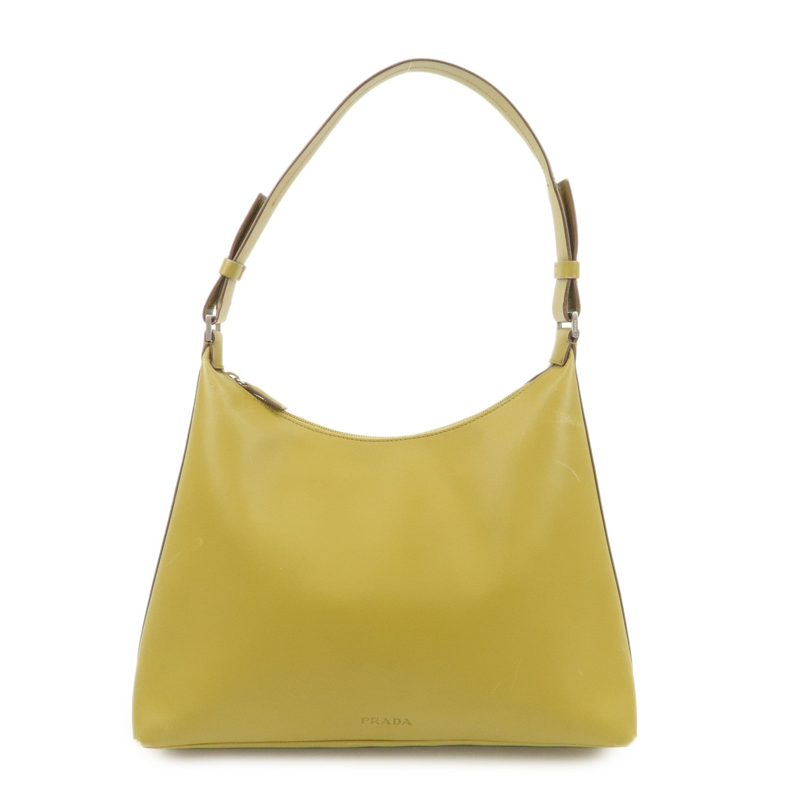 PRADA Leather Shoulder Bag Mustard Silver Hardware Used