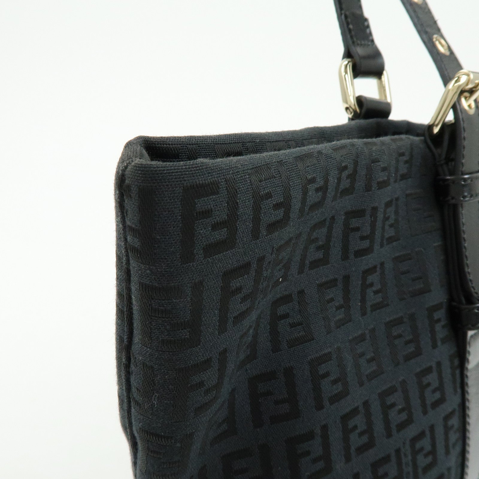 FENDI Zucchino Canvas Leather Tote Bag Shoulder Bag Black 8BH215