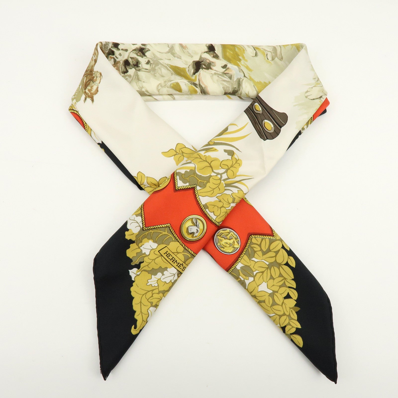 HERMES Carre 90 Silk 100% Scarf Le Debuche Black Red Beige
