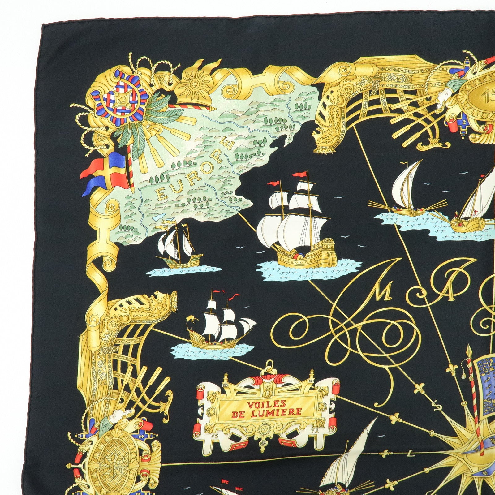 HERMES Carre 90 Set of 2 Silk 100% Scarf Black Gold Brown