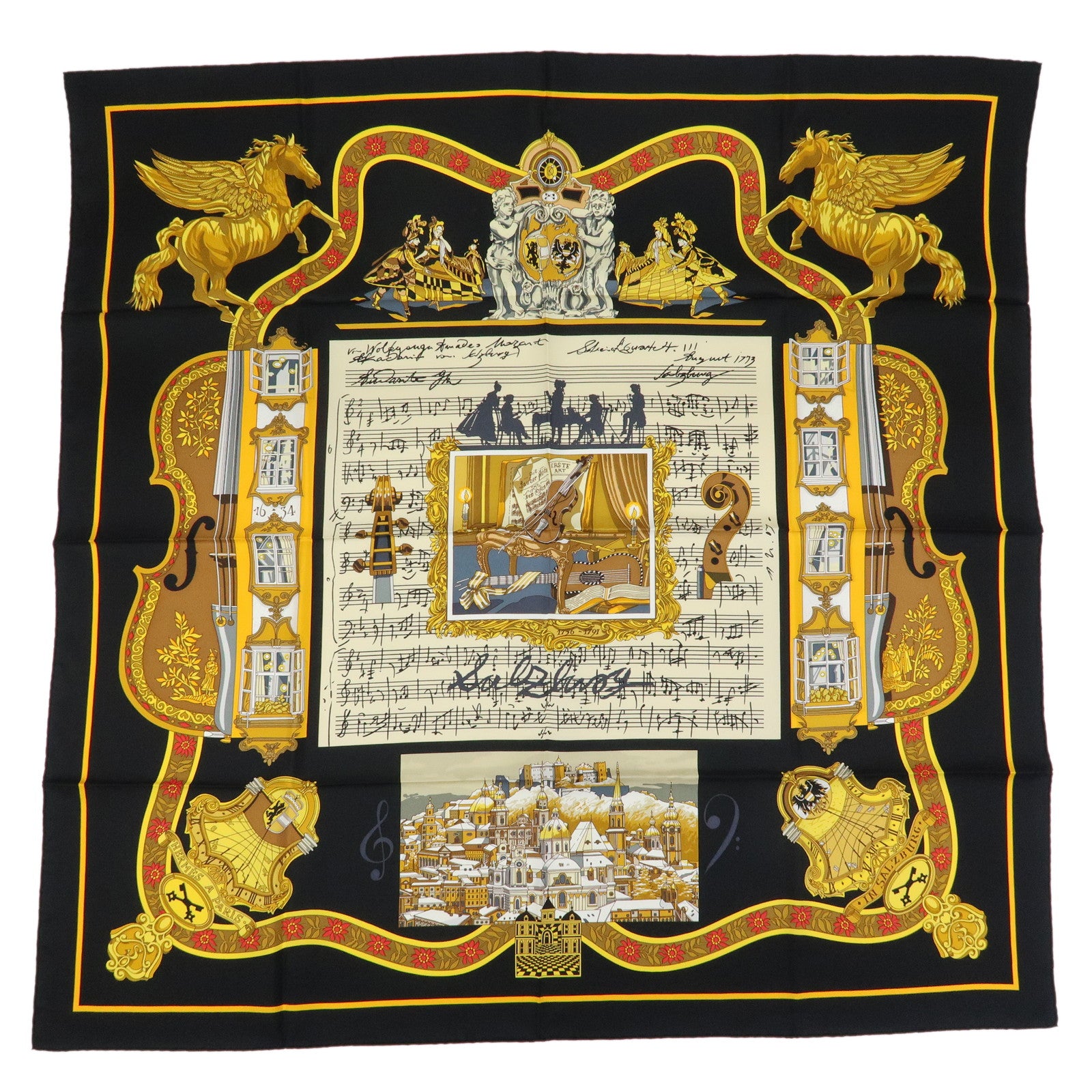 HERMES Carre 90 Silk 100% Scarf IN SALZBURG Black Gold