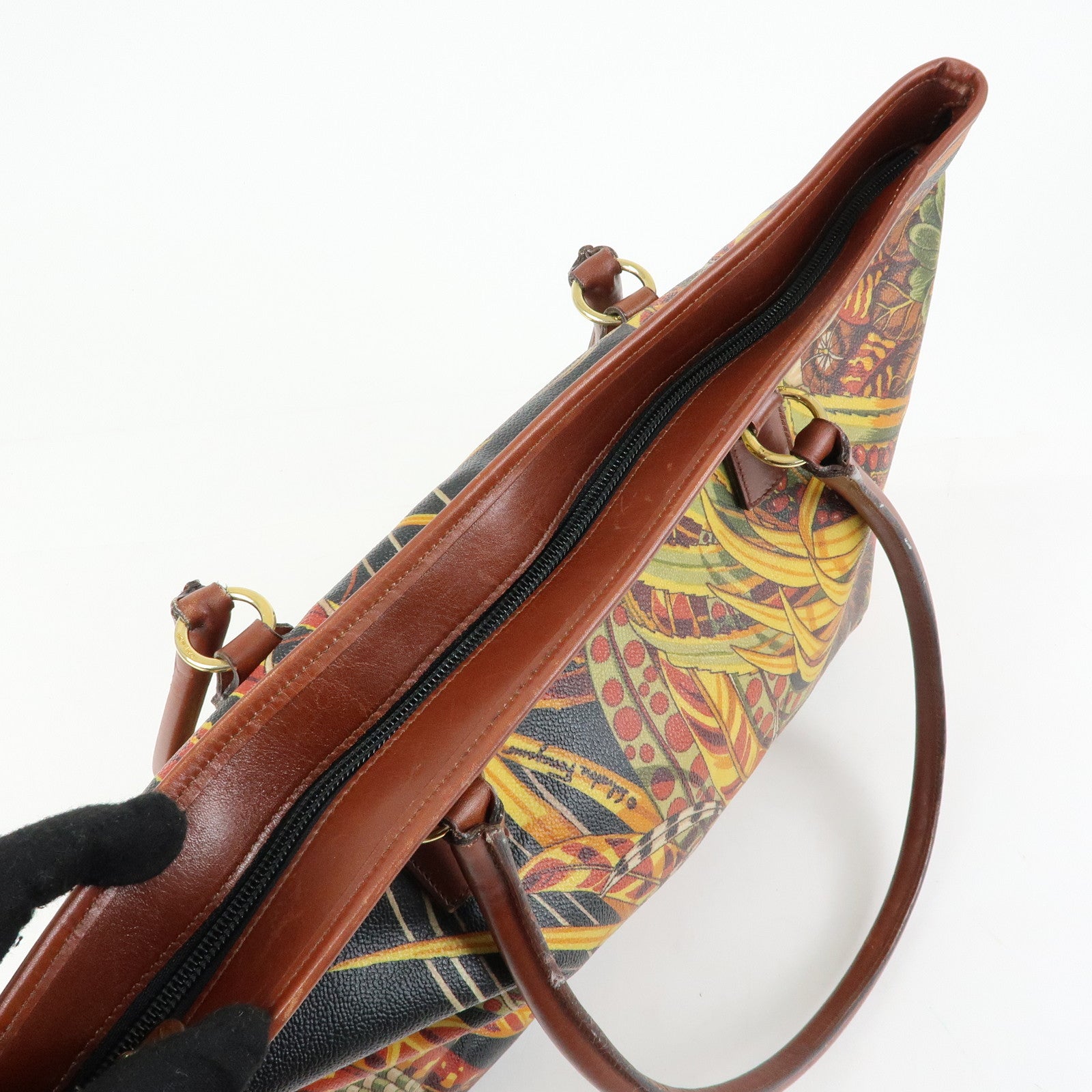 Ferragamo PVC Leather Tote Bag Shoulder Bag Black Brown Yellow