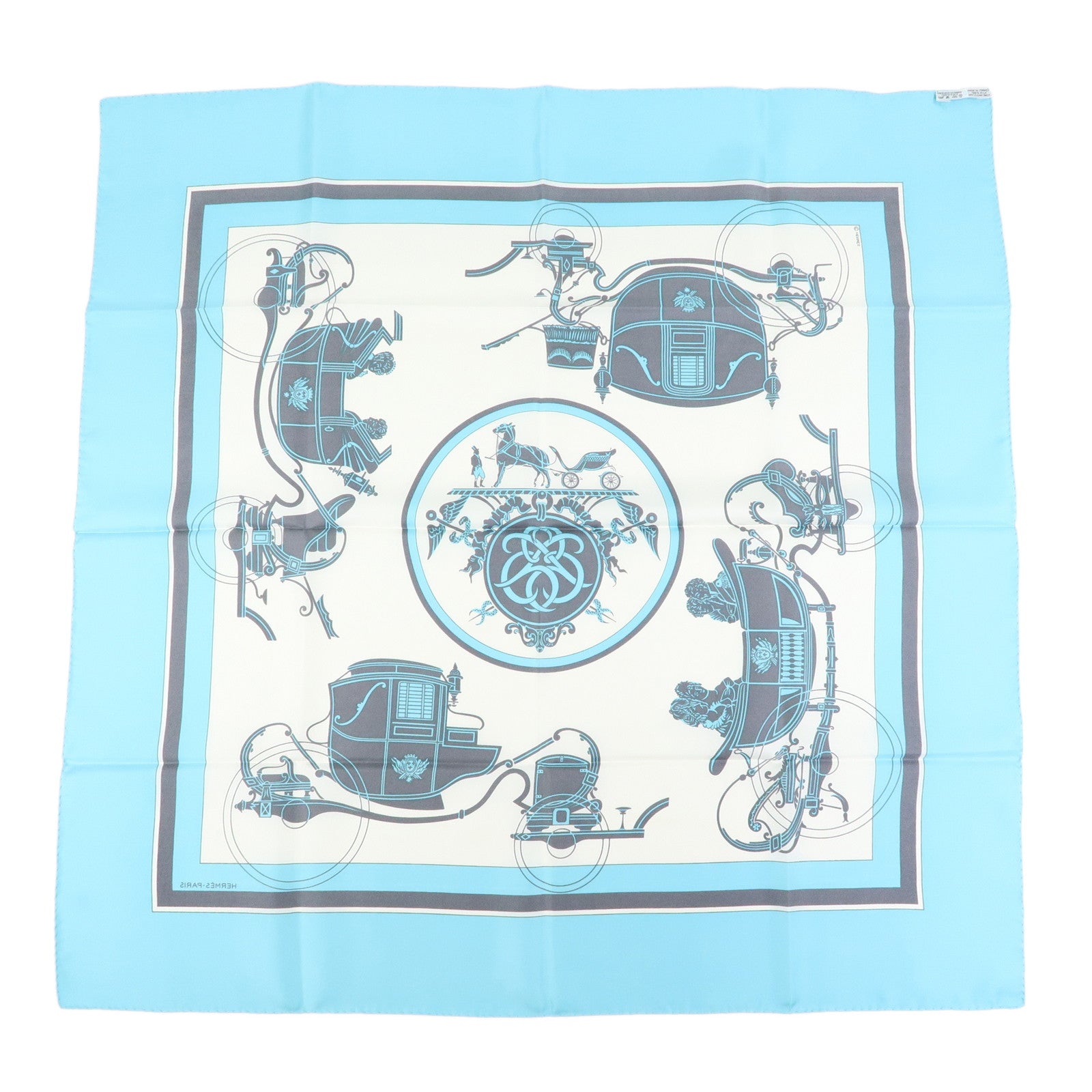 HERMES Carre 90 silk 100% Scarf Ex-Libris light Blue