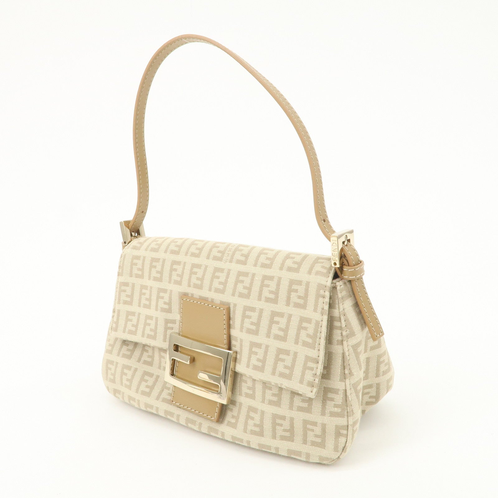 FENDI Mini Mamma Baguette Zucchino Canvas Leather Shoulder Bag Beige 8BR180