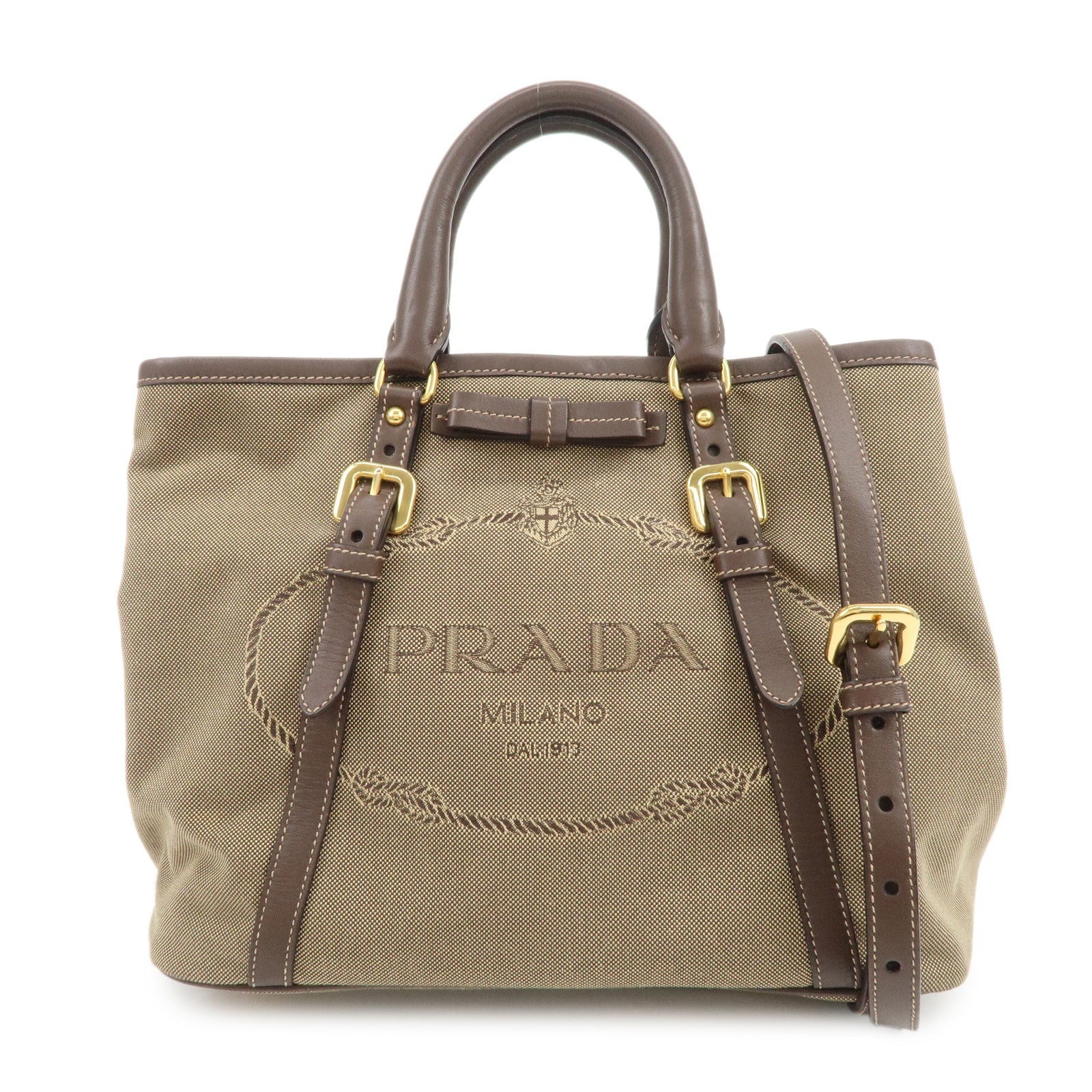 PRADA Jaguard Canvas Leather 2Way Tote Bag Shoulder Bag BN1841