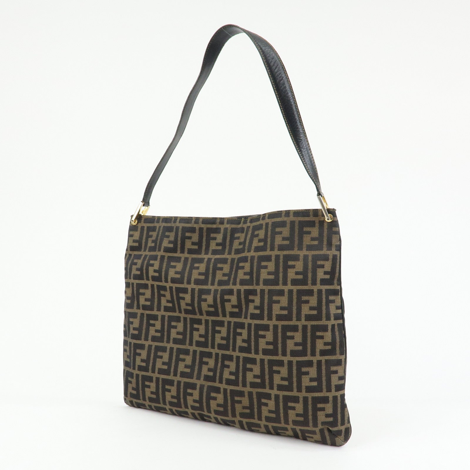 FENDI Zucca Canvas Leather Shoulder Bag Hand Bag Black Brown