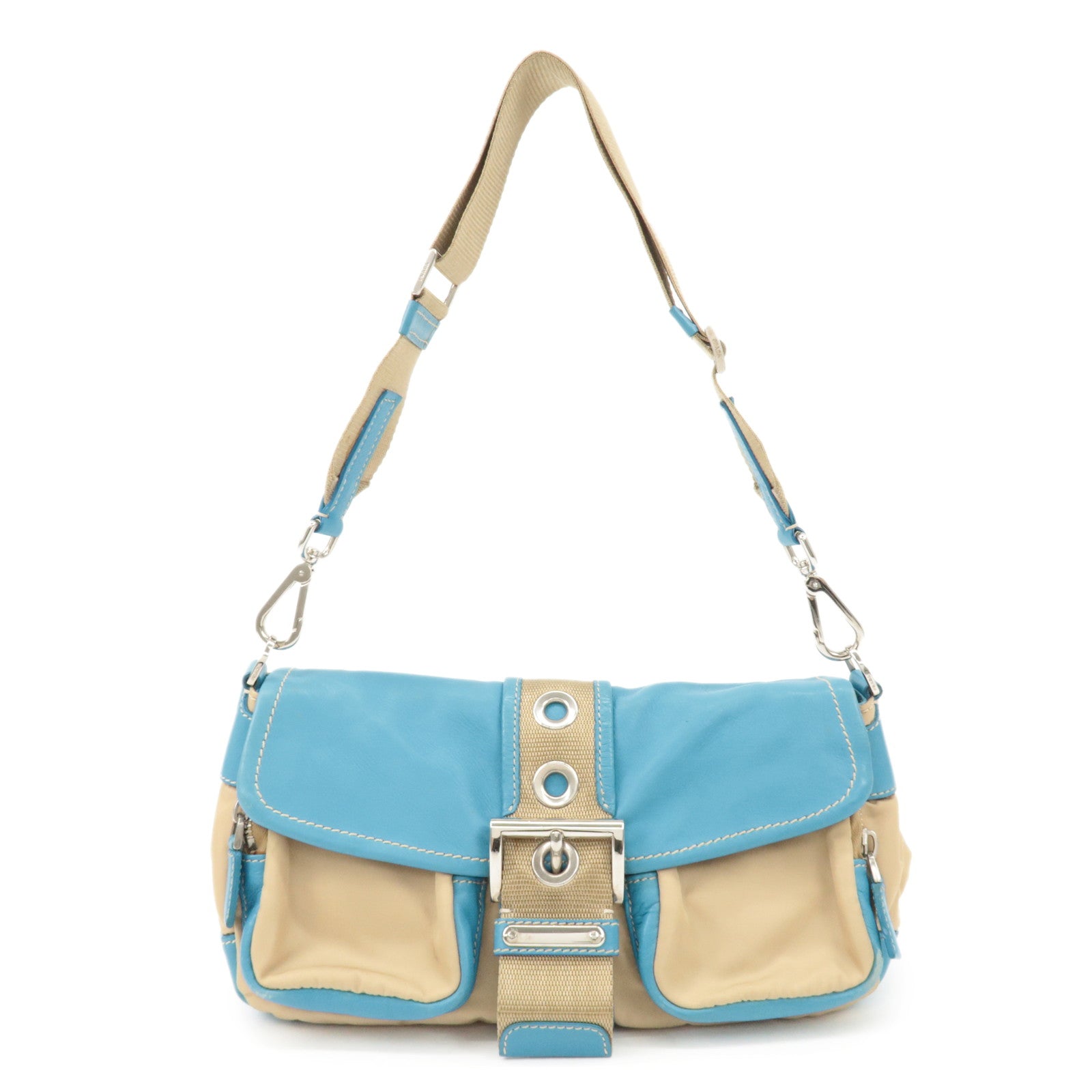 PRADA Nylon Leather Shoulder Bag Crossbody Bag Blue Beige BR2417 Used