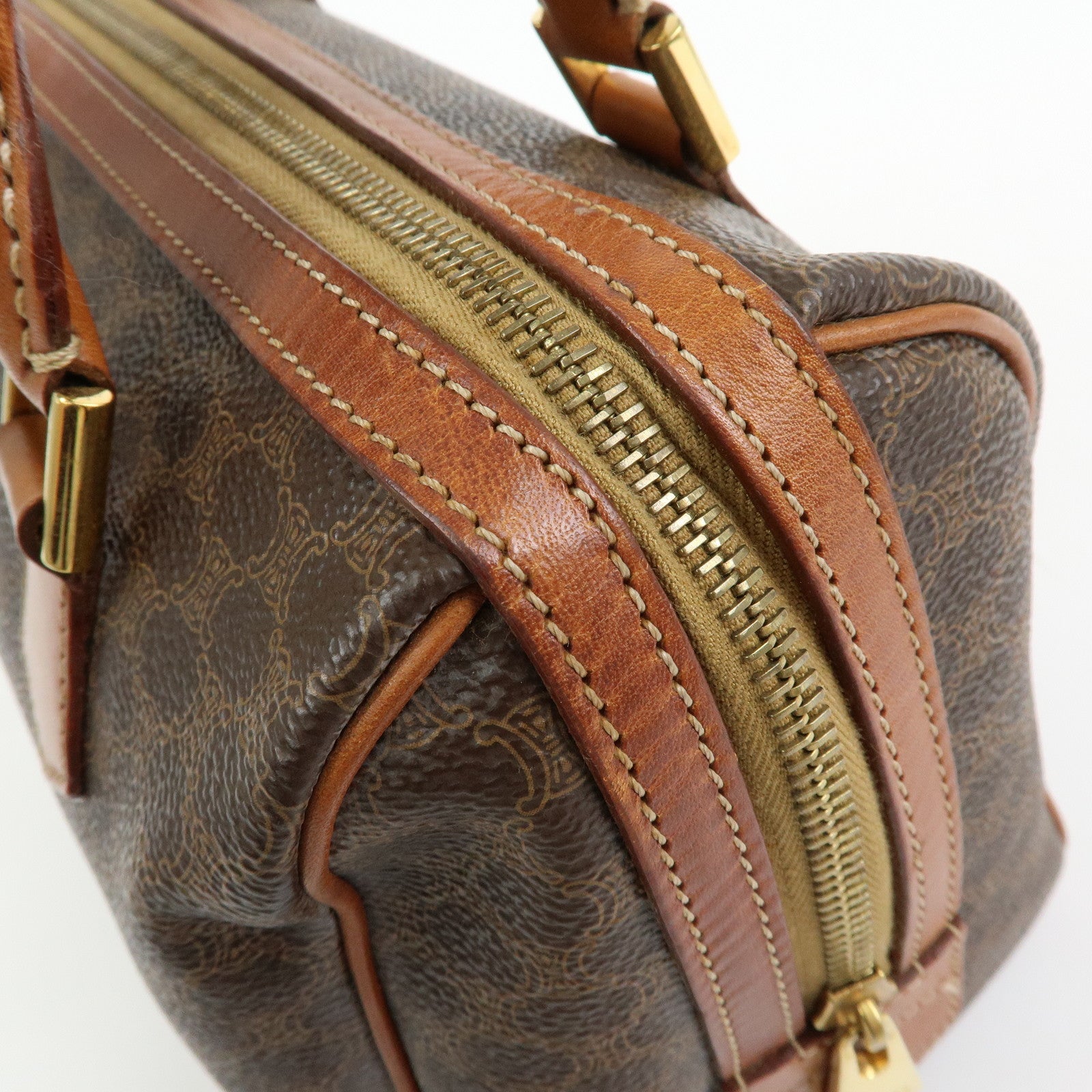 CELINE Logo Macadam PVC Leather Boston Bag Hand Bag Brown