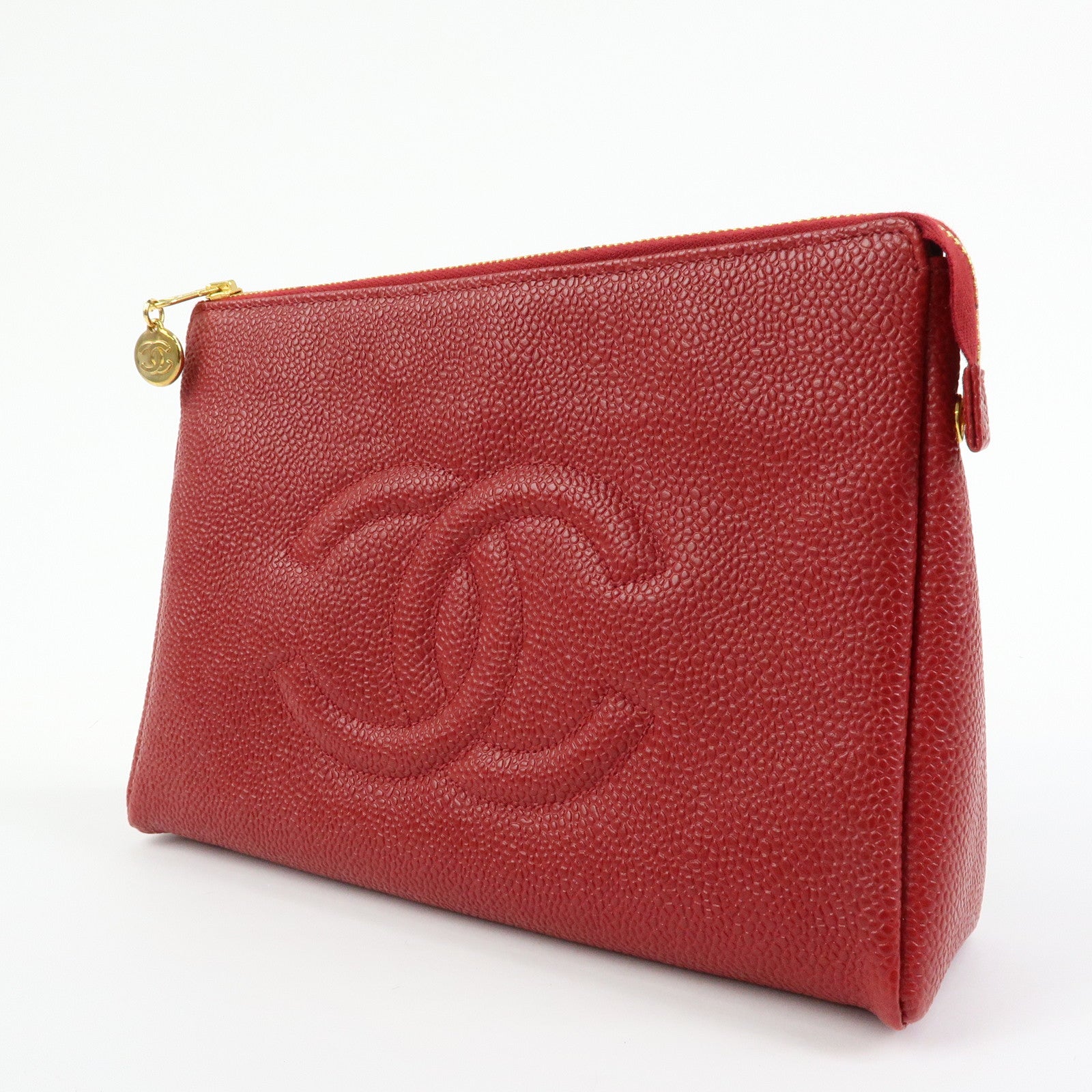 CHANEL COCO Mark Caviarskin Cosmetic Case Makeup Bag Pouch Red