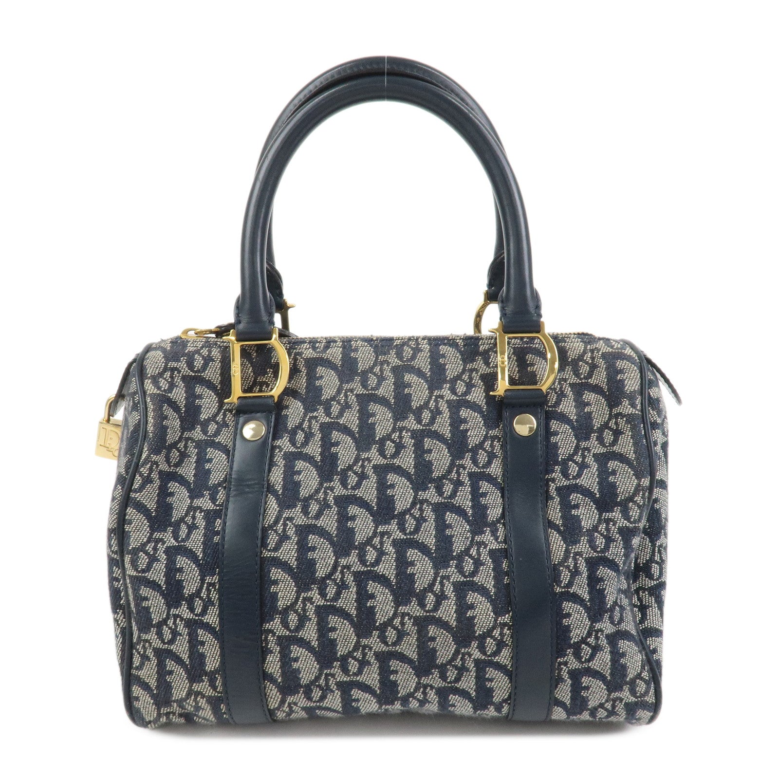 Christian Dior Trotter Jacquard Canvas Leather Boston Bag Navy