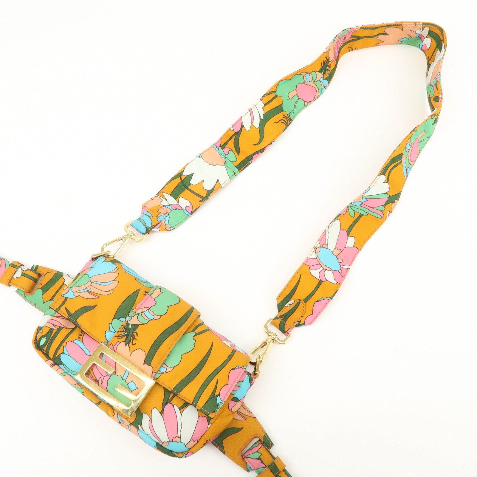 FENDI Bagguette Nylon 2Way Bag Waist Bag Orange Multi Color 8BR782 Used