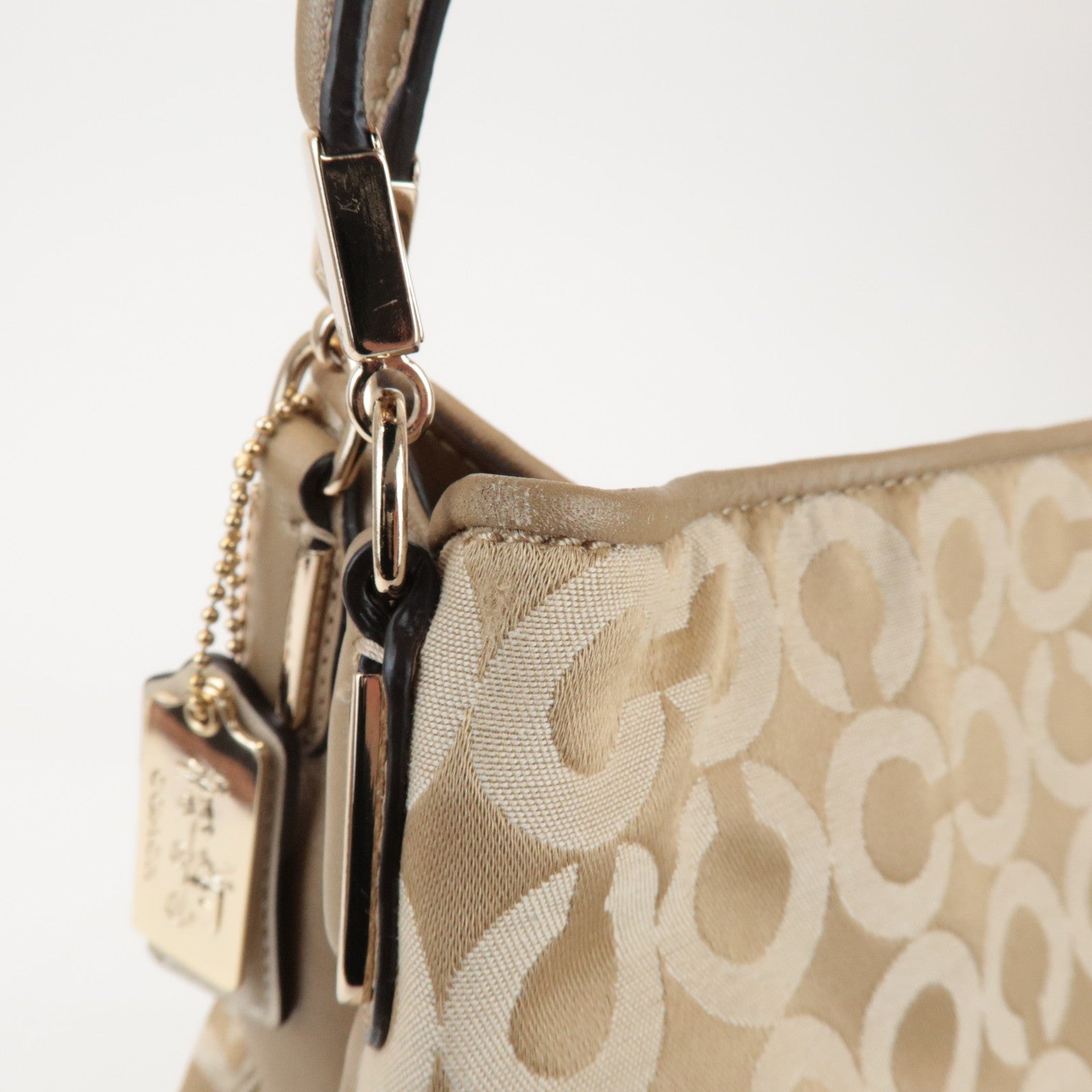 COACH Op Art Satin Leather Shoulder Bag Hand Bag Gold Beige