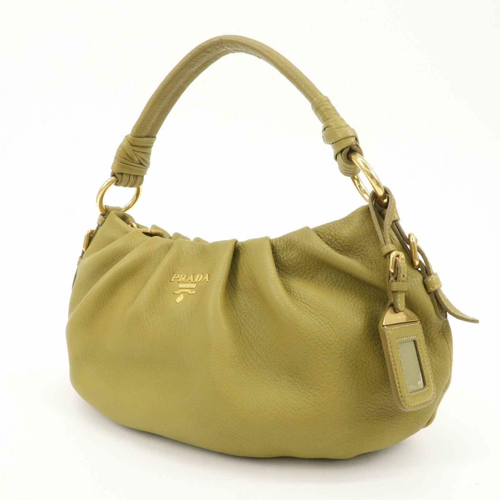 PRADA Logo Leather Shoulder Bag Hand Bag Khaki Gold HDW BR4070