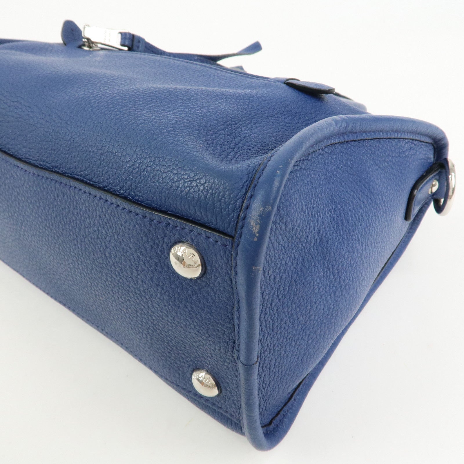PRADA Leather 2Way Bag Hand Bag Shoulder Bag Blue Silver