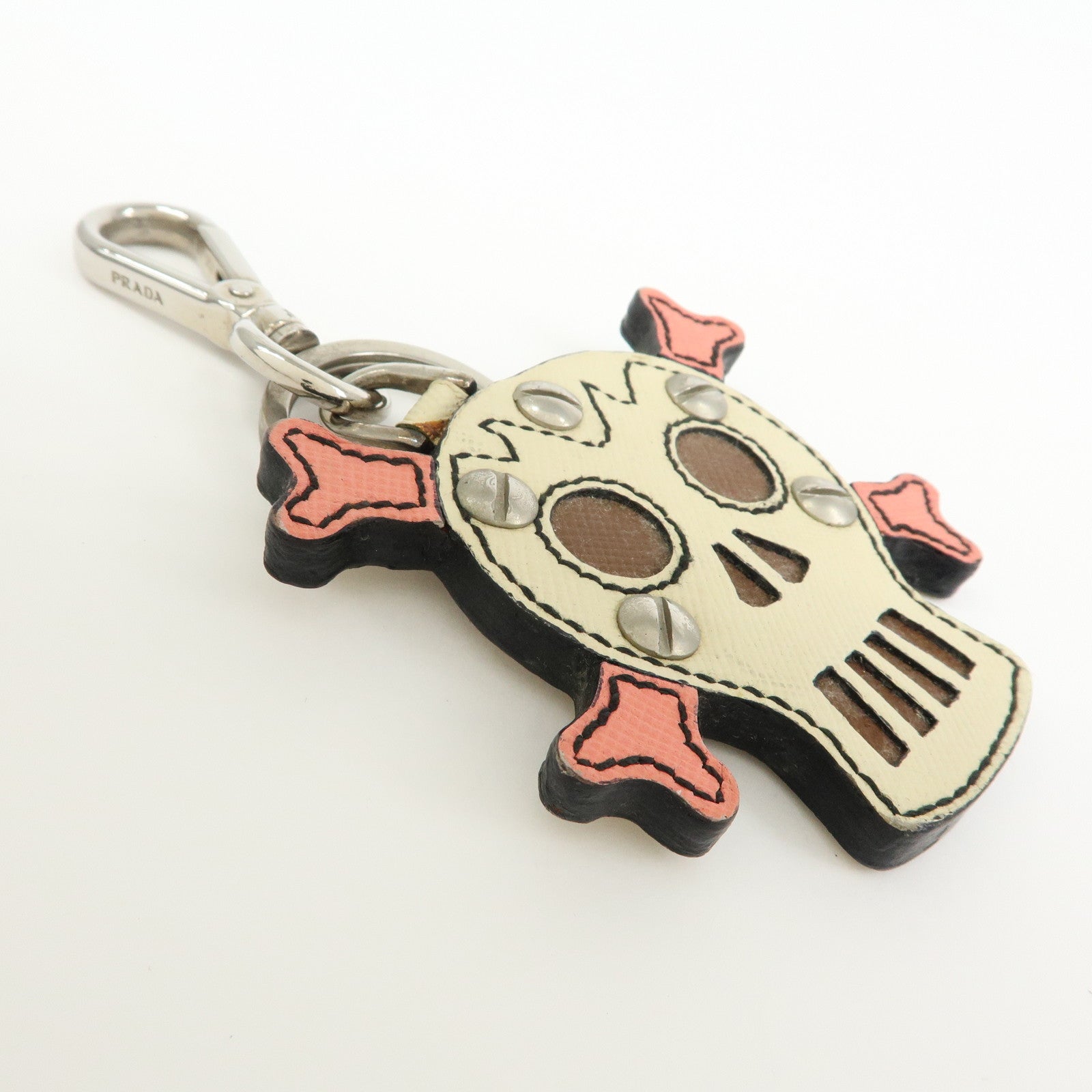 PRADA Saffiano Leather Metal Skull Bag Key Charm Key Holder Ivory