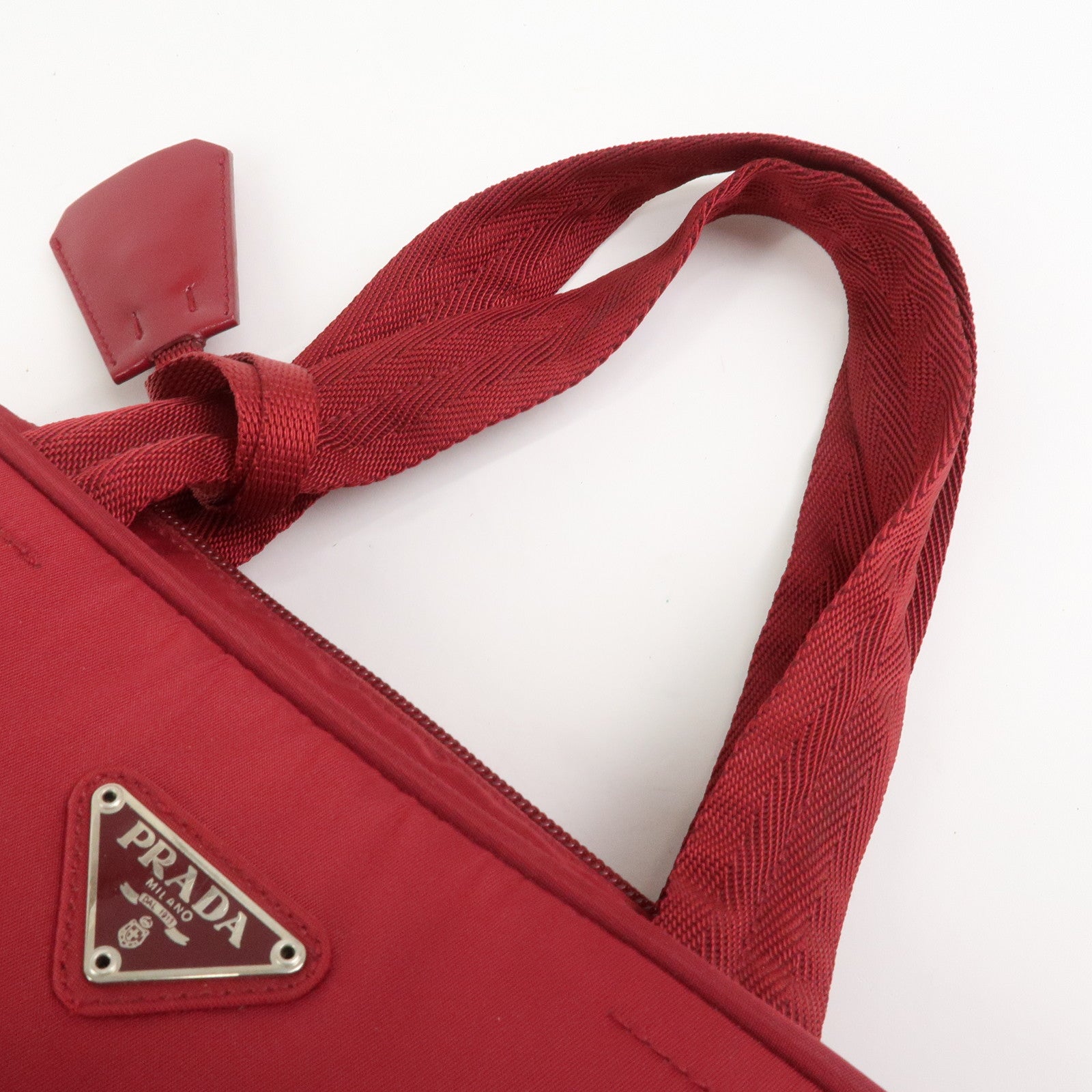 PRADA Triangle Logo Nylon Leather Hand Bag Wine Red B8495