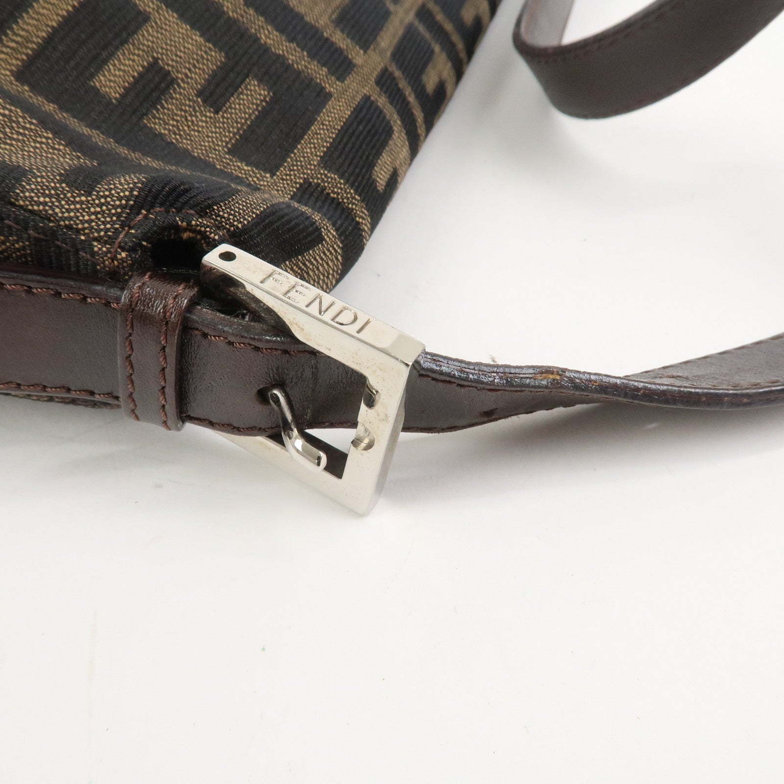 FENDI Mamma Baguette Zucca Canvas Leather Shoulder Bag Brown 26325