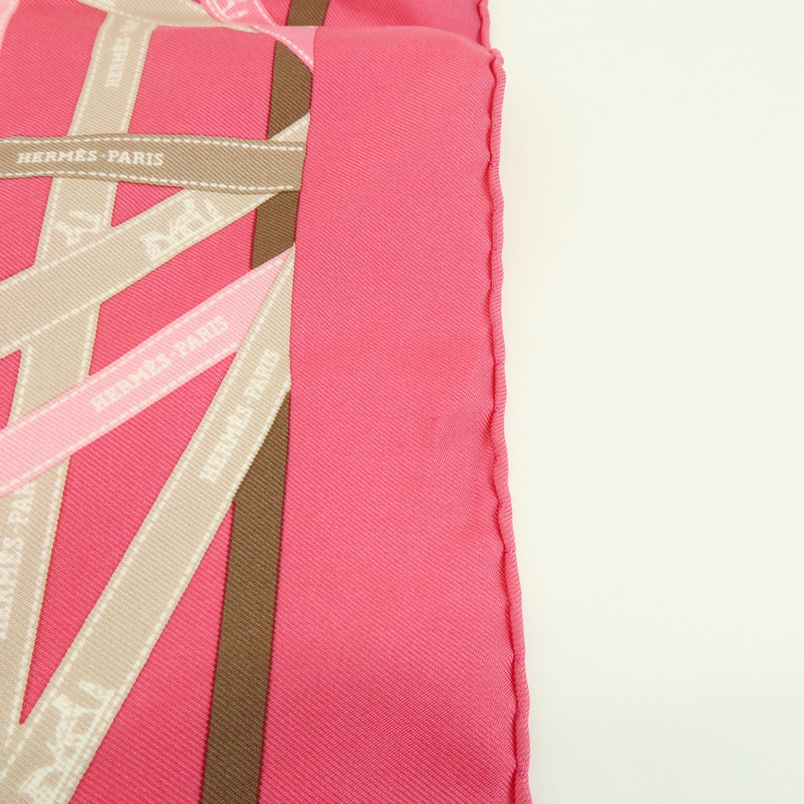 HERMES Pointu Silk 100% Scarf Ribbon Print Pink Beige