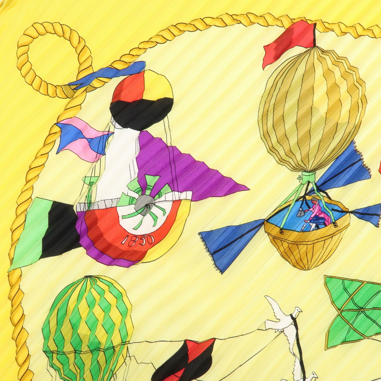 HERMES pleats Carre 90 Silk 100% Scarf Yellow Green Purple Red Used