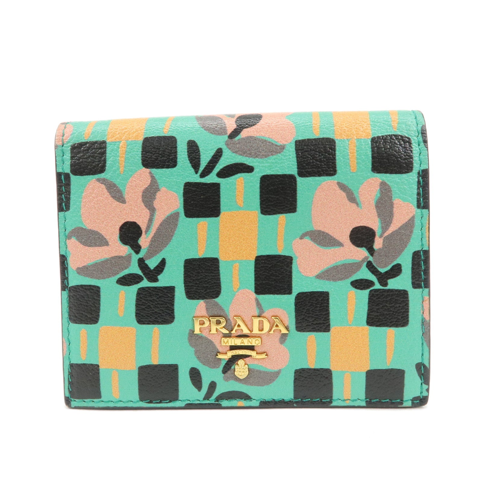 PRADA Leather Compact Wallet Floral Print Green Gold HDW 1MV204 Used