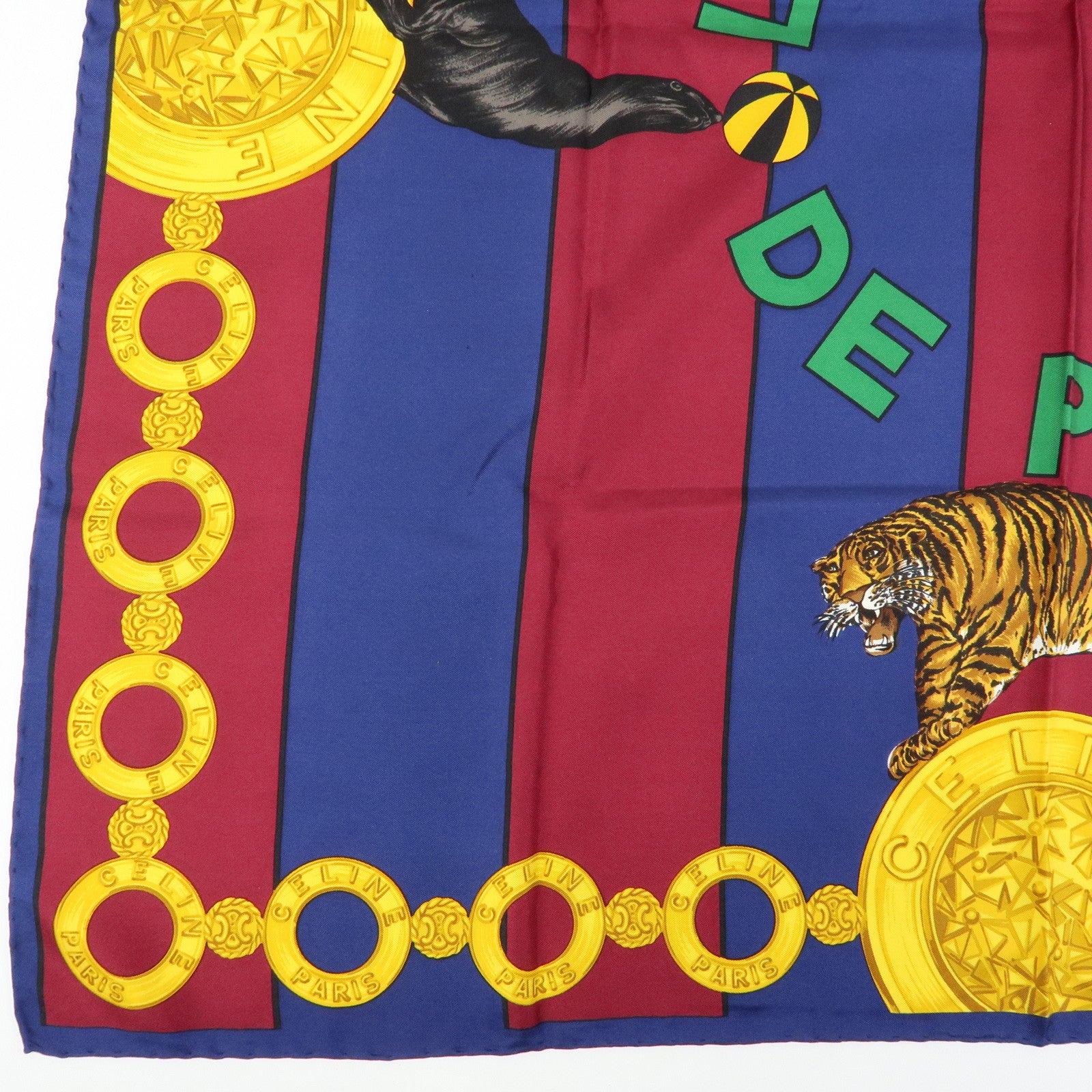 CELINE Silk 100% Scarf Le Cirque Lion Elephant Motif Navy Blue