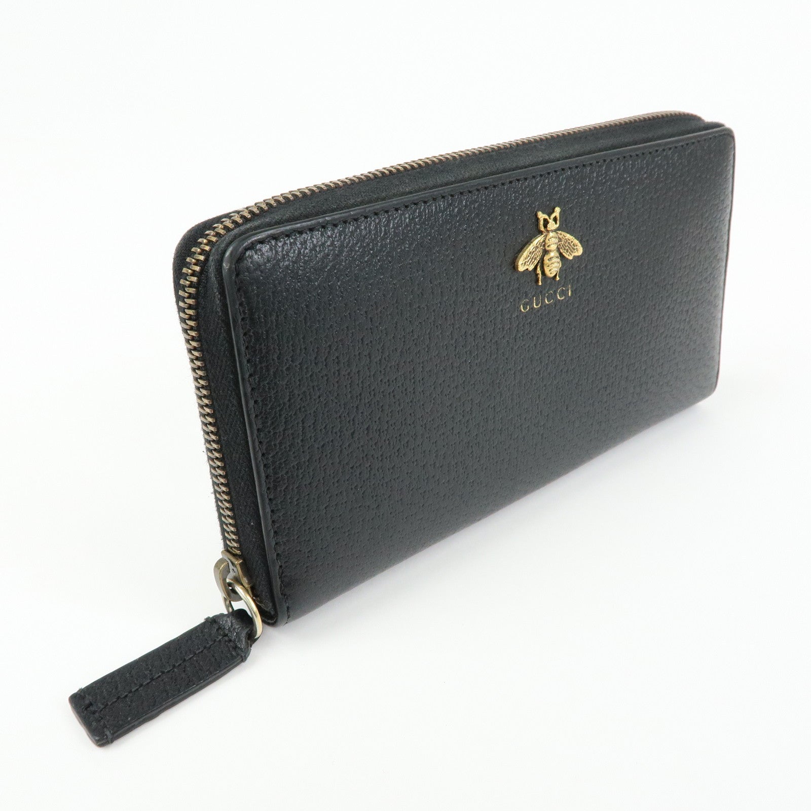 GUCCI Animalier Bee Leather Zip-Around Long Wallet Black 523667