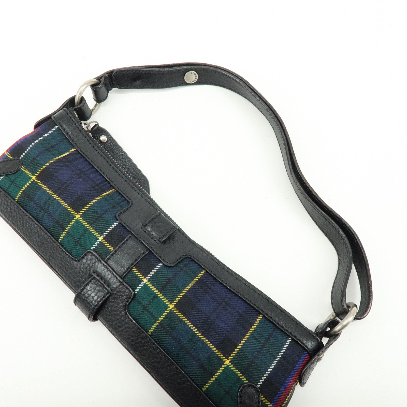 BURBERRY Canvas Leather Plaid Shoulder Bag Black Green