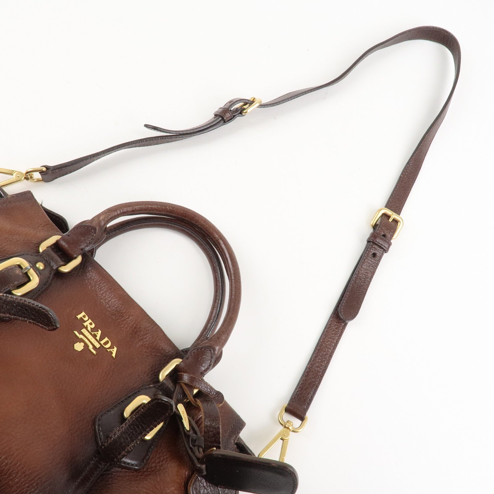 PRADA Logo Leather 2WAY Tote Bag Hand Bag Brown Gold Hardware Used