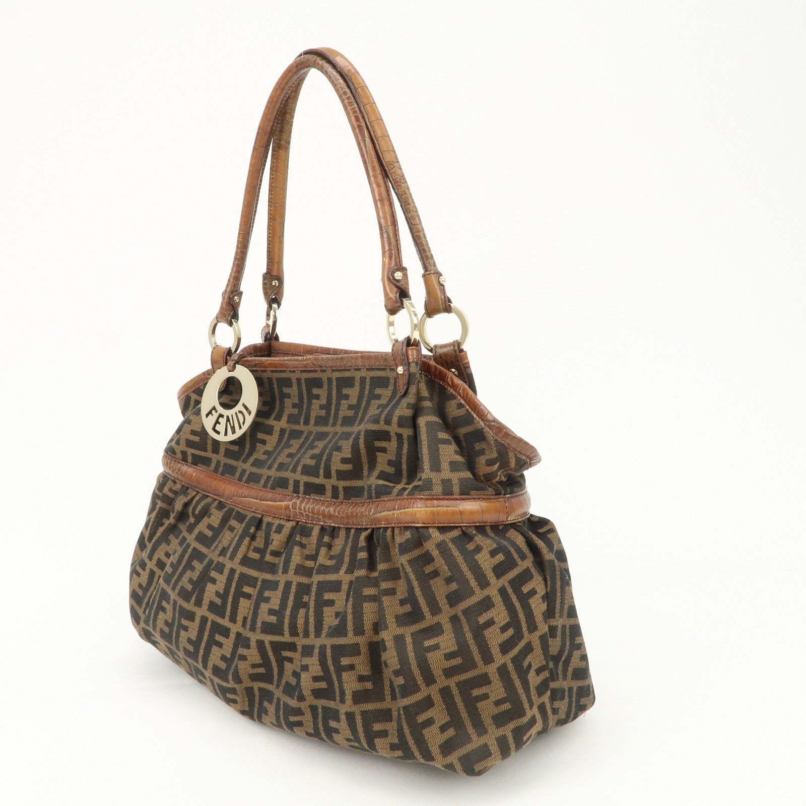 FENDI Zucca Gathered Canvas Leather Shoulder Bag Tote Bag 8BH186