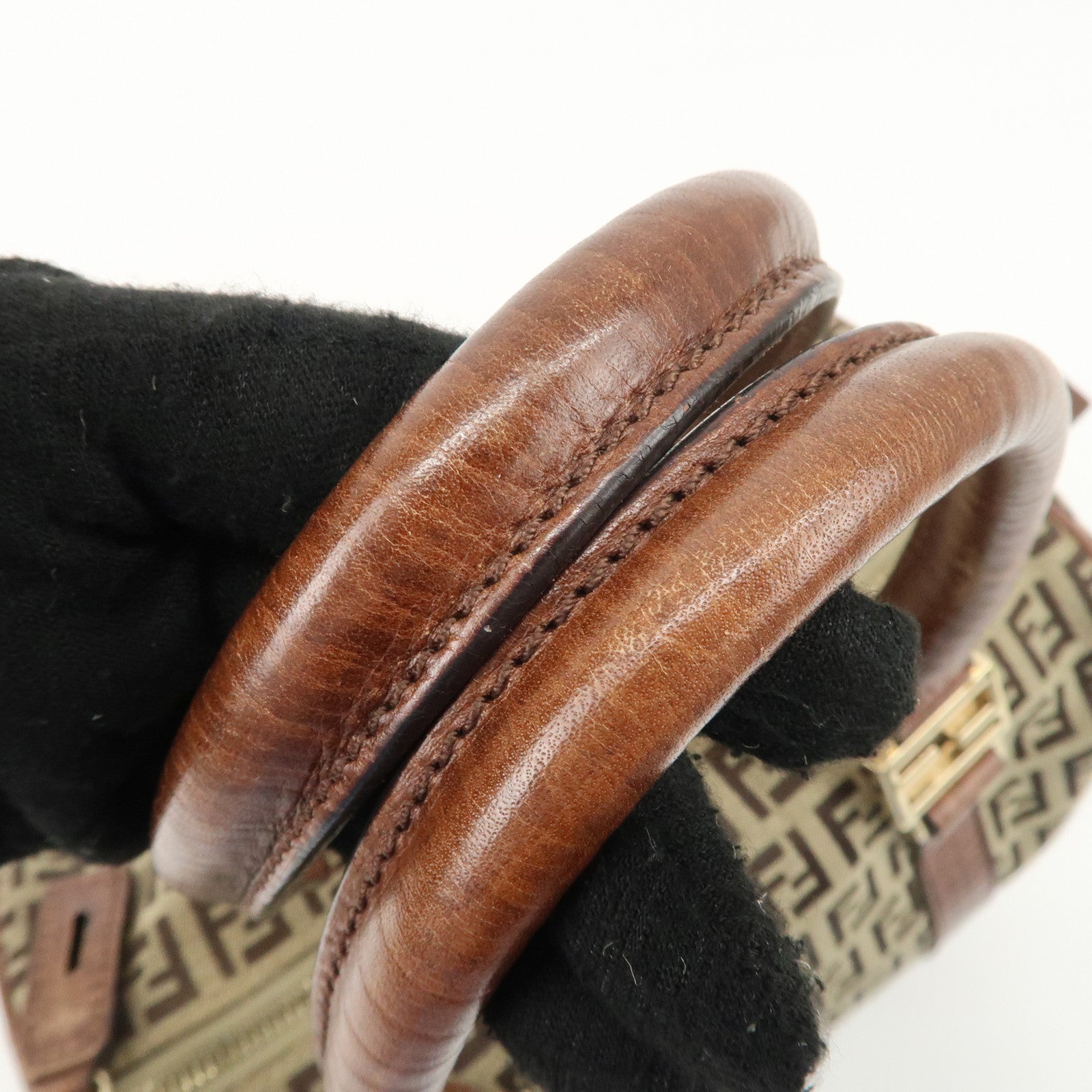 FENDI Zucchino Canvas Leather Boston Bag Brown Beige 8BL068 Used