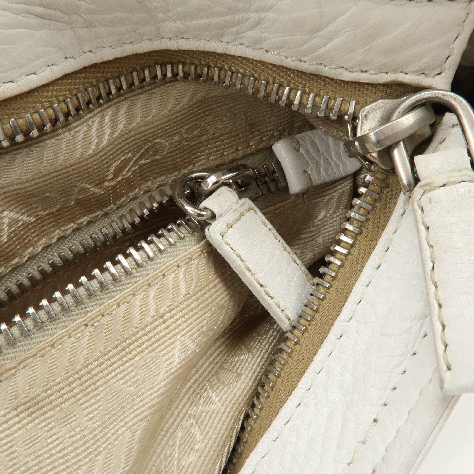 PRADA Triangle Logo Leather Nylon Shoulder Bag White Beige