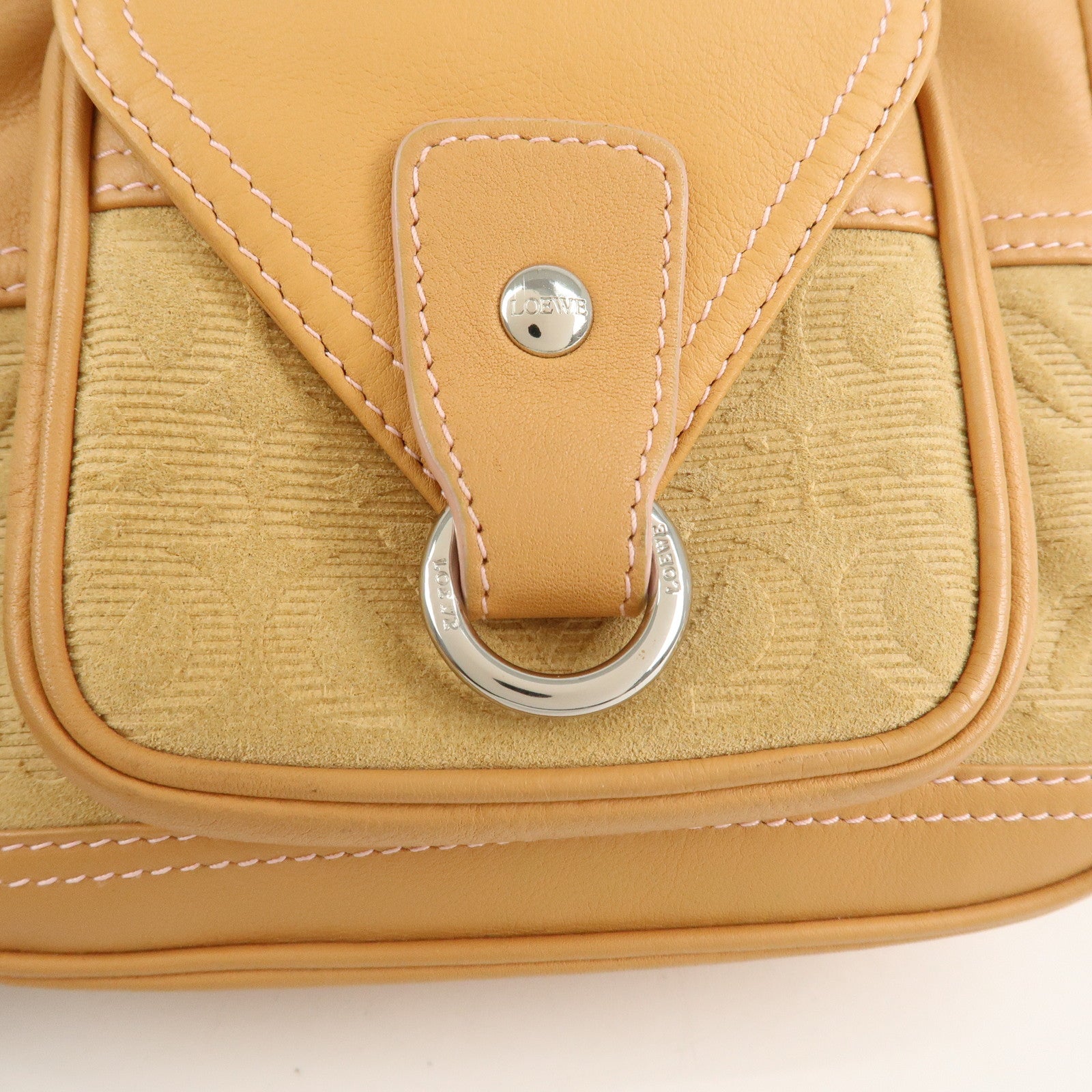 LOEWE Anagram Leather Suede Shoulder Bag Biege Silver HDW Used