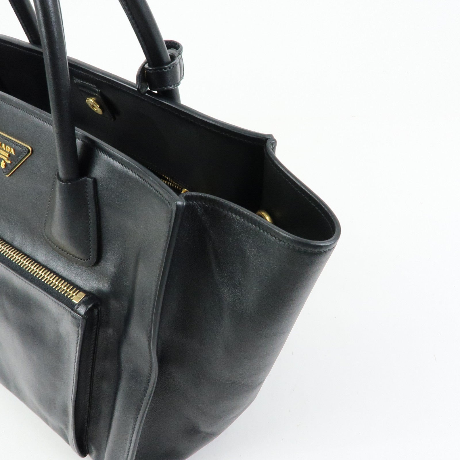 PRADA Triangle Logo Leather 2Way Tote Bag Hand Bag Black BN2626
